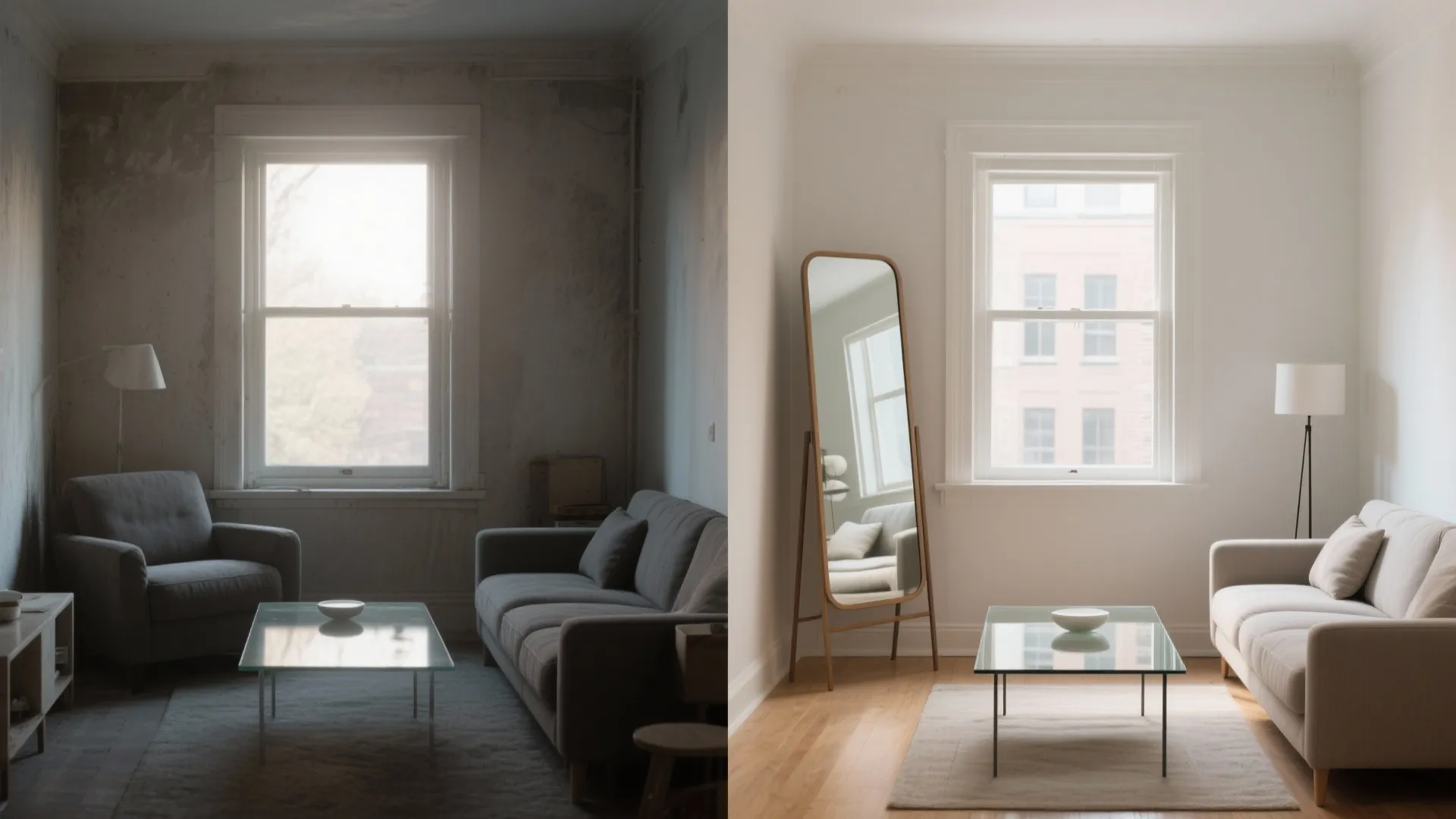 Reflective accents: mirrors, satin finishes, and a glass coffee table