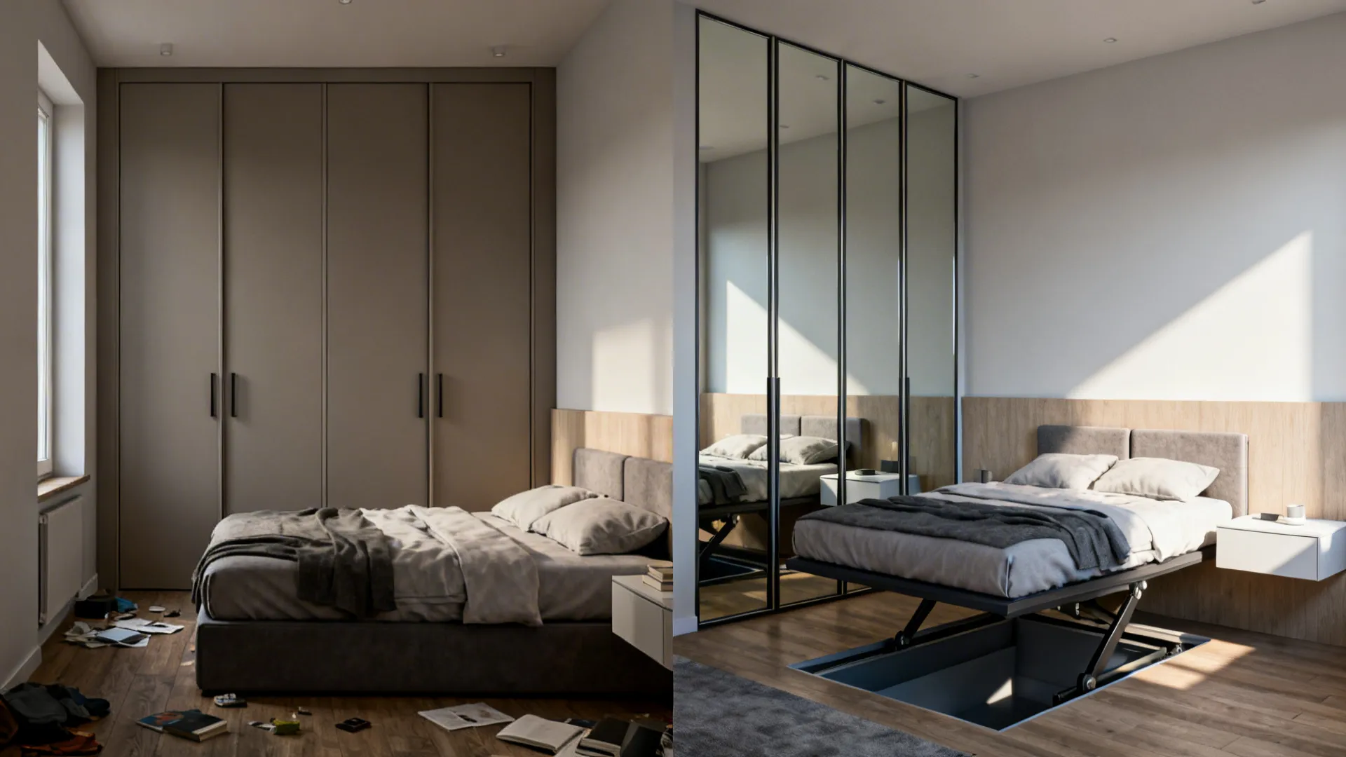 Before-and-after of a small bedroom upgraded with mirrors and a raised storage bed.