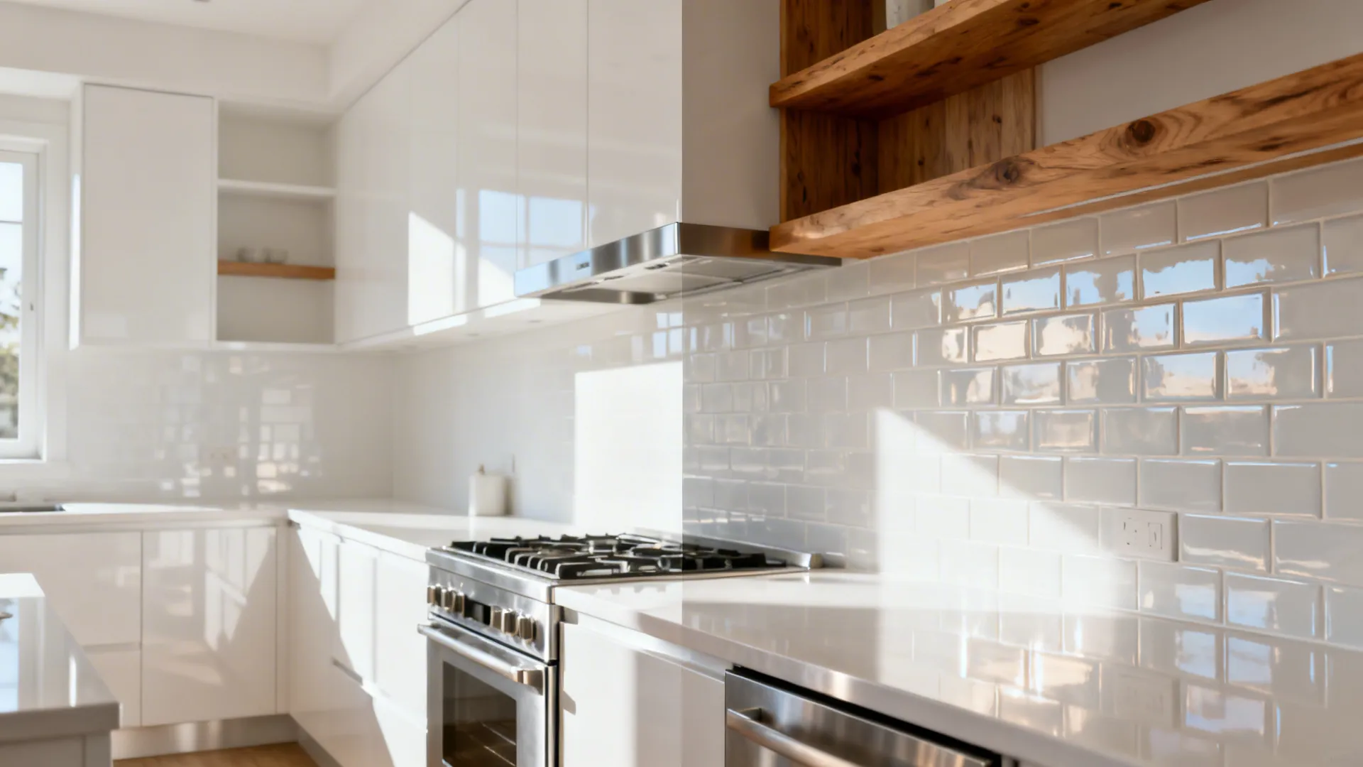 Side-by-side comparison of an all-white glossy kitchen and a warmer satin, glazed tile update.