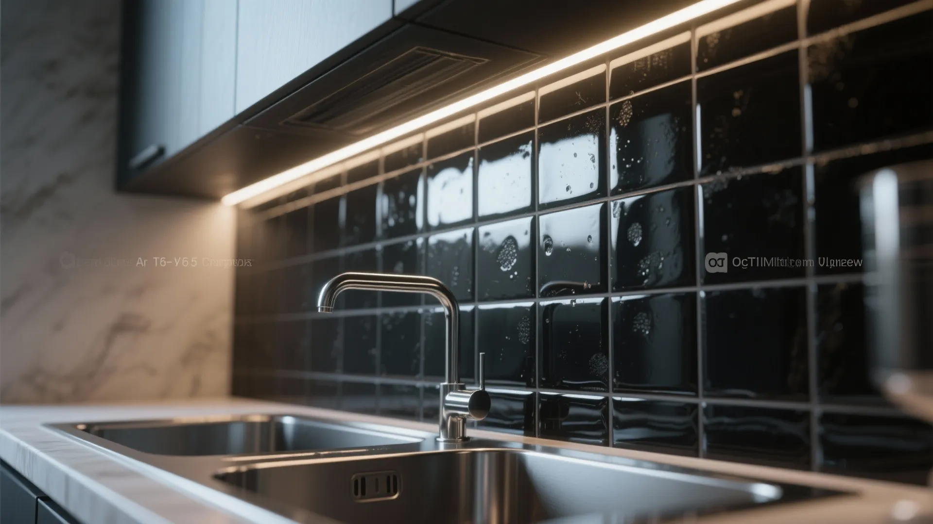 Glossy black floor tiles reflecting under-cabinet LED light with visible glaze detail.