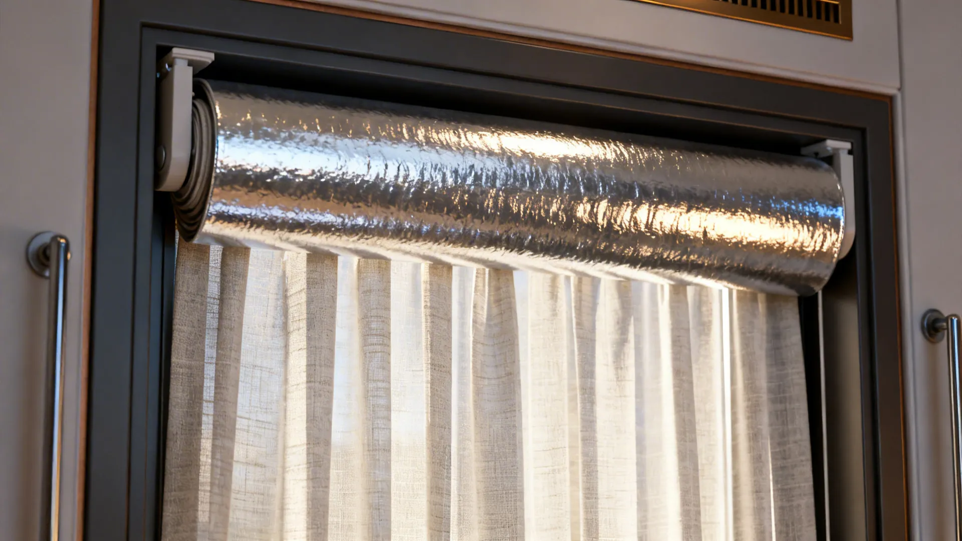 Layered reflective blind with sheer curtain showing light bouncing off the silver backing