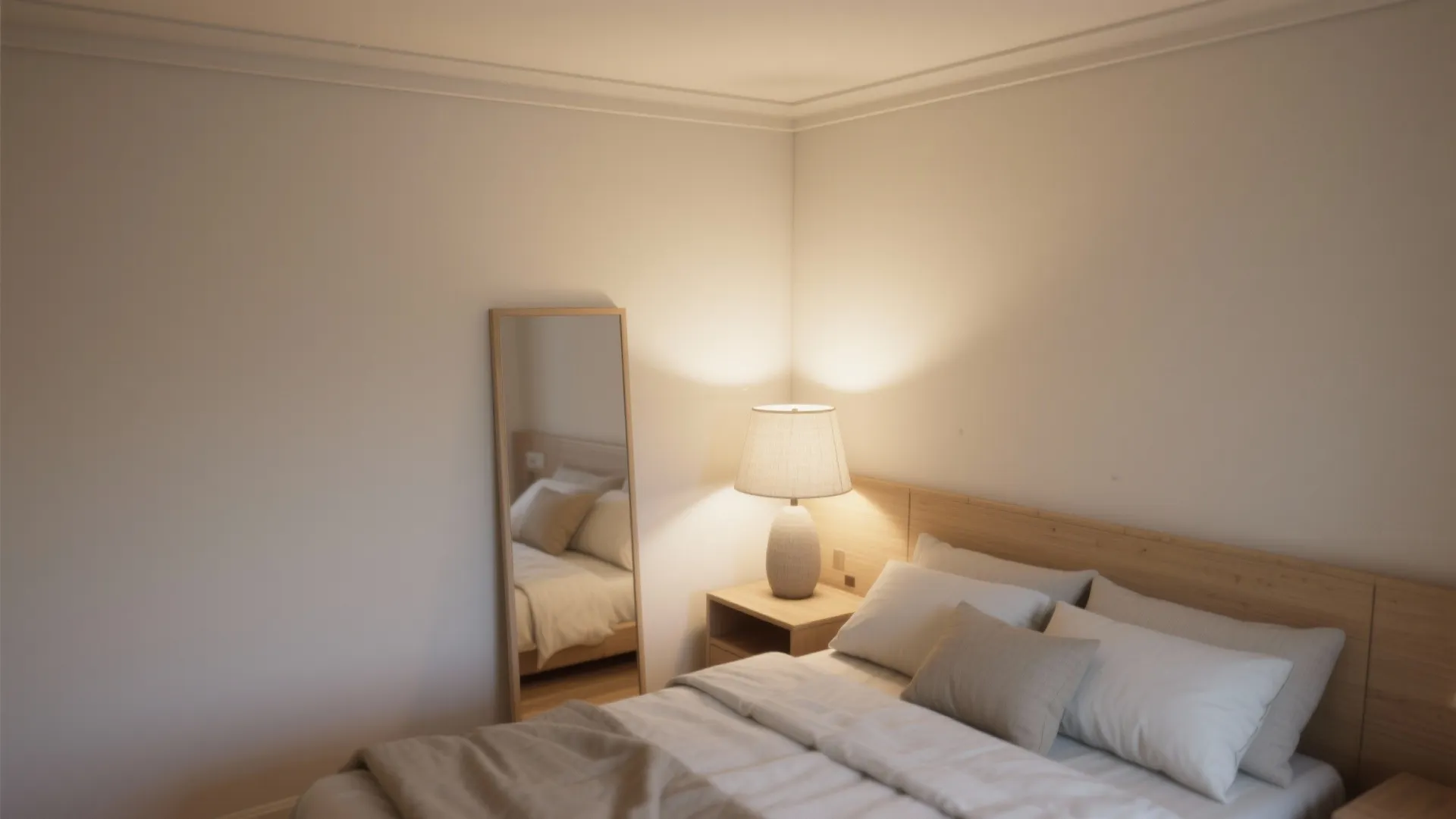 Cozy bedroom with a wooden bed white pillows warm table light and a tall mirror