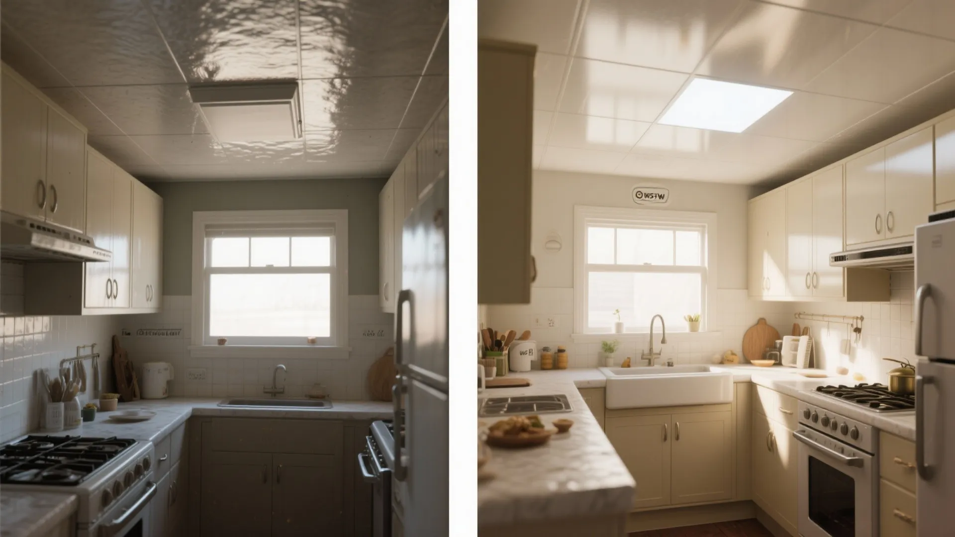 Side by side comparison of a dark kitchen with shiny ceiling and bright modern kitchen