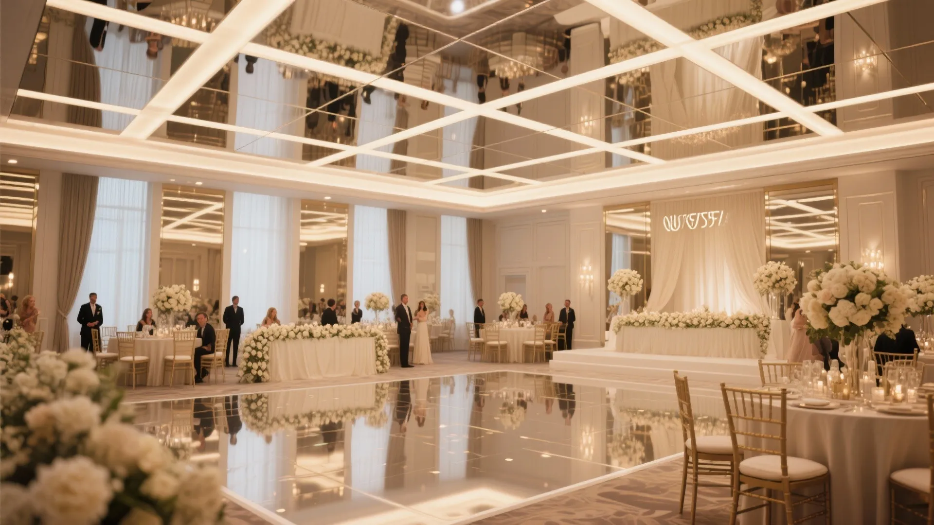 Luxury ballroom with mirrored ceiling white flower arrangements and round tables for a wedding event