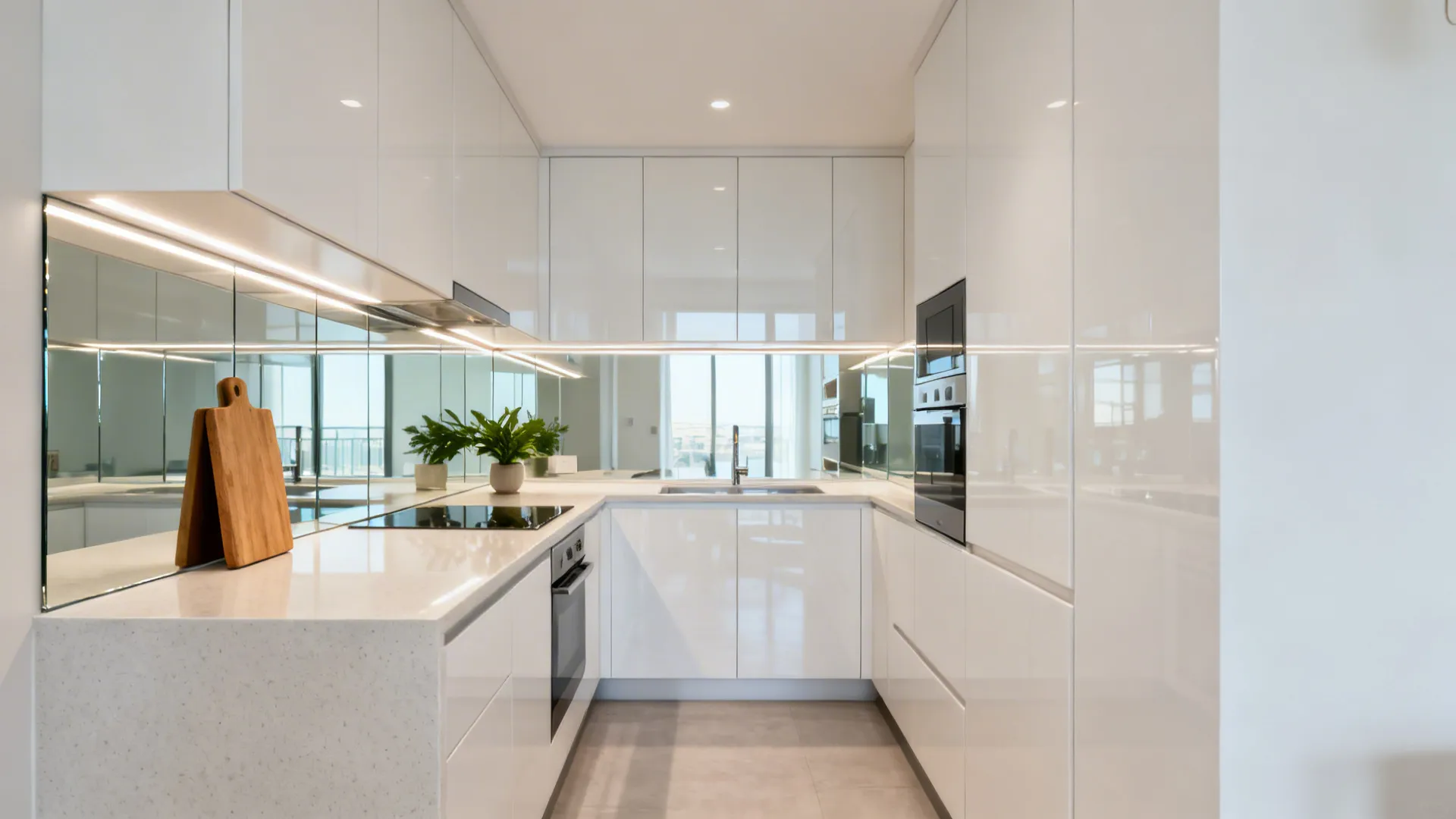 L-shaped condo kitchen with satin white fronts and a low-iron glass backsplash that opens the corner.