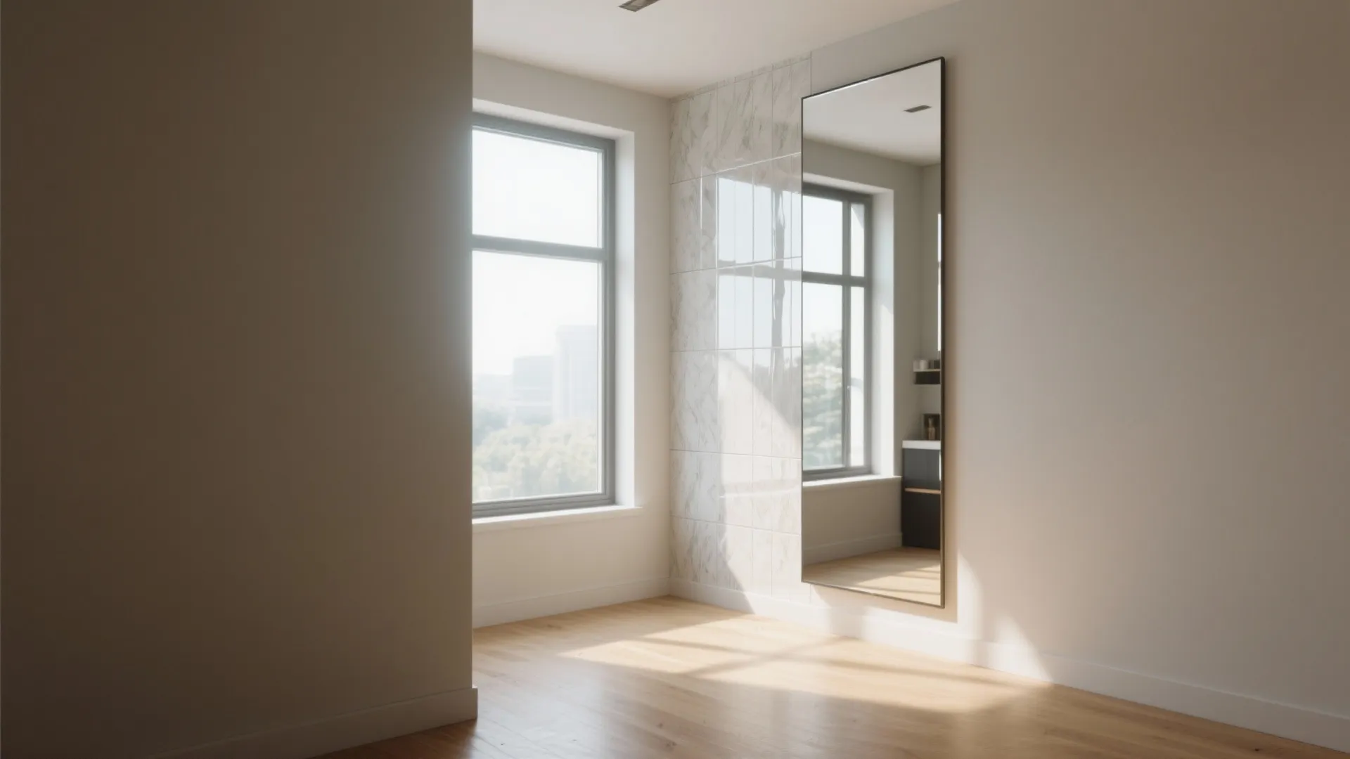 Mirror and glossy backsplash amplifying daylight in a compact north-facing apartment