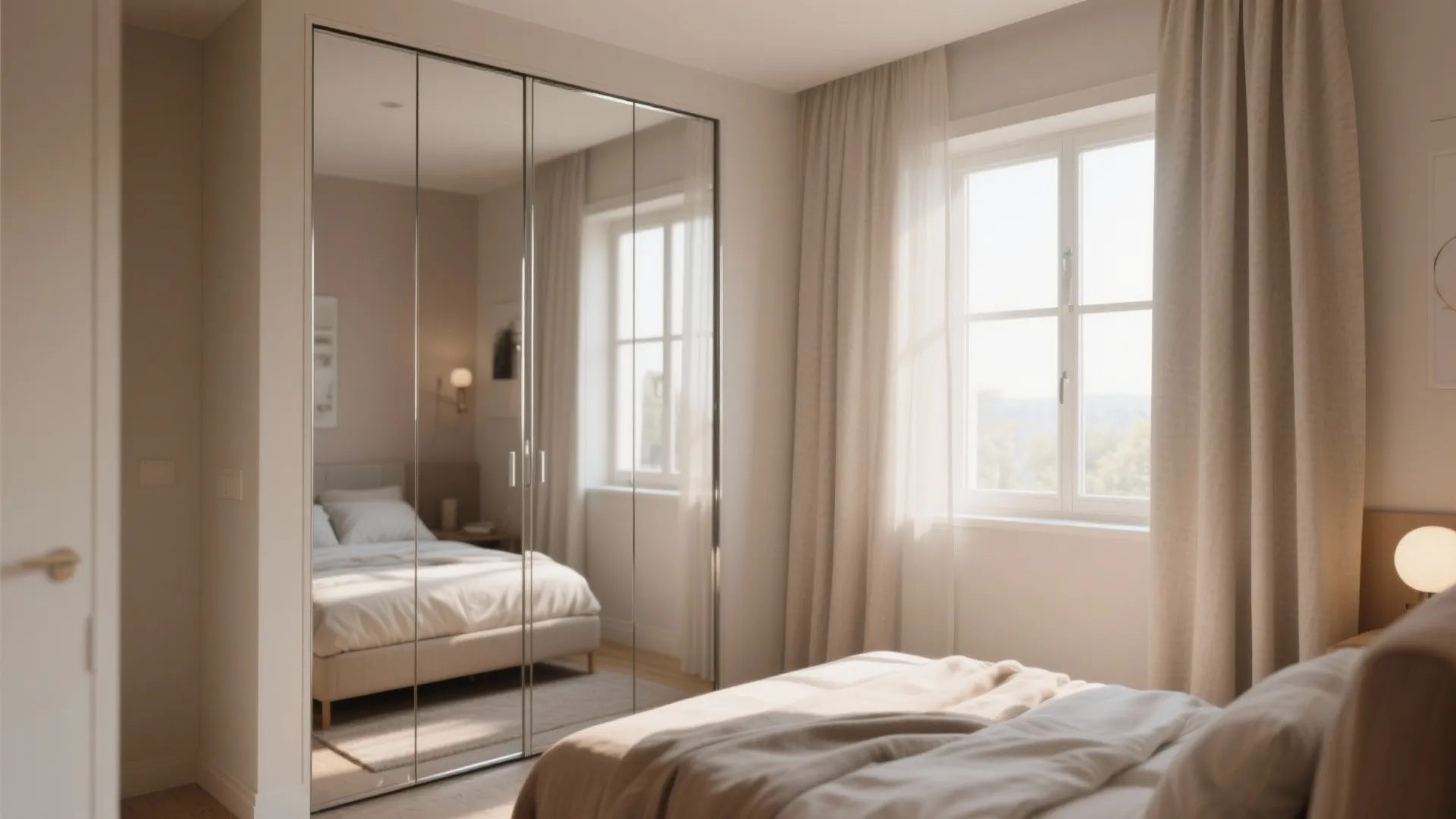 Modern bedroom with large mirrored closet reflecting a cozy bed and warm natural window light
