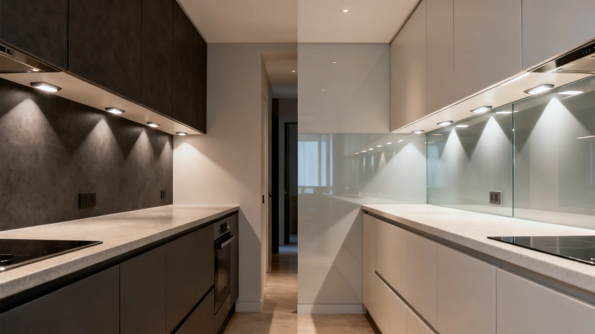 Before-and-after of a small kitchen switching to satin glass backsplash and pale quartz to boost depth.