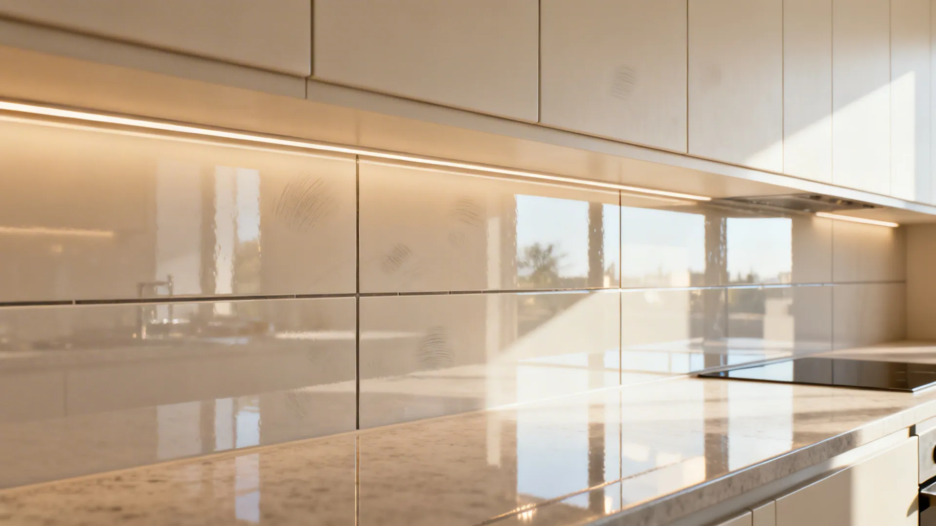 Light-colored cabinets and reflective backsplash creating a sense of spaciousness in a small kitchen