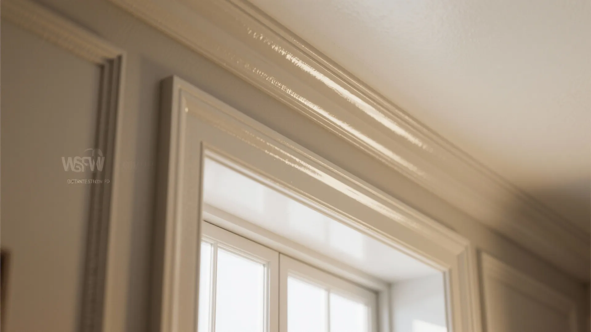 Close up of glossy white crown molding on a wall near a bright window frame