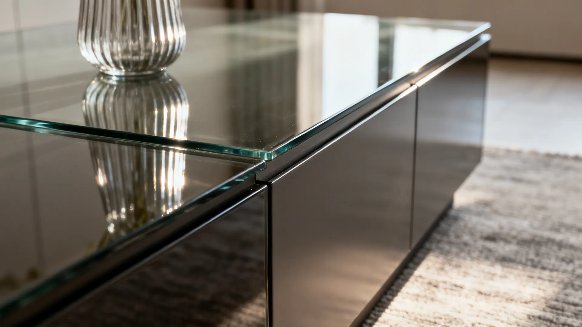 Macro of smoked glass tabletop and glossy sideboard with soft daylight reflections.