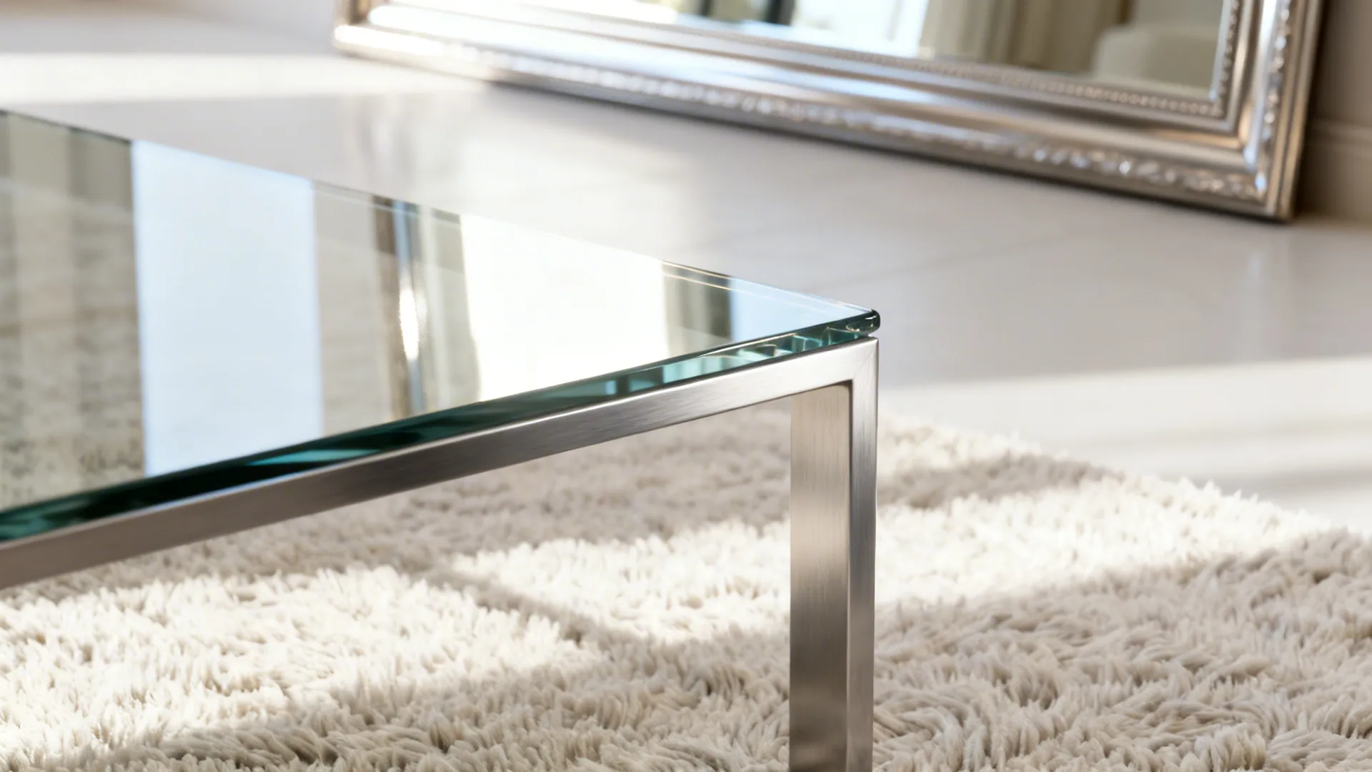 Close-up of glass coffee table edge and mirror reflecting daylight with textured pale rug nearby