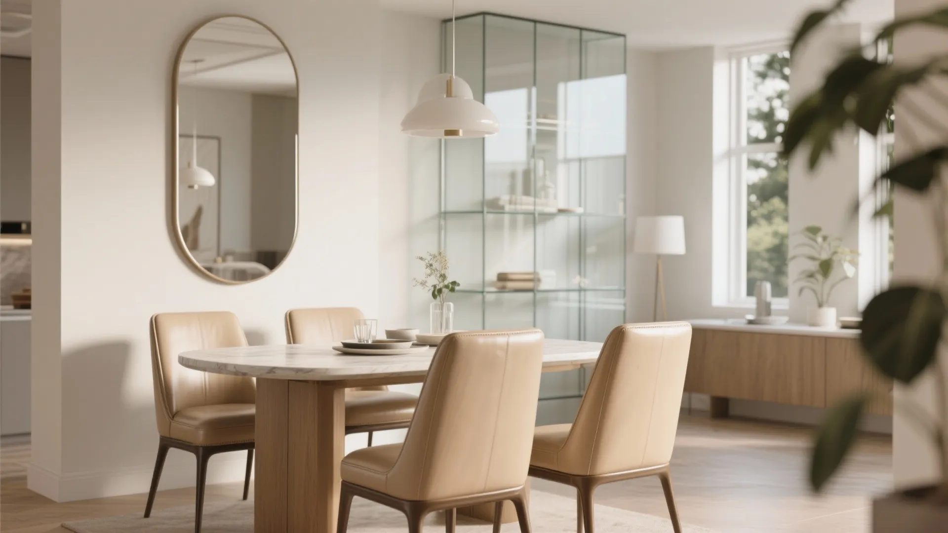 Bright dining room with round marble table beige leather chairs oval wall mirror and glass cabinet