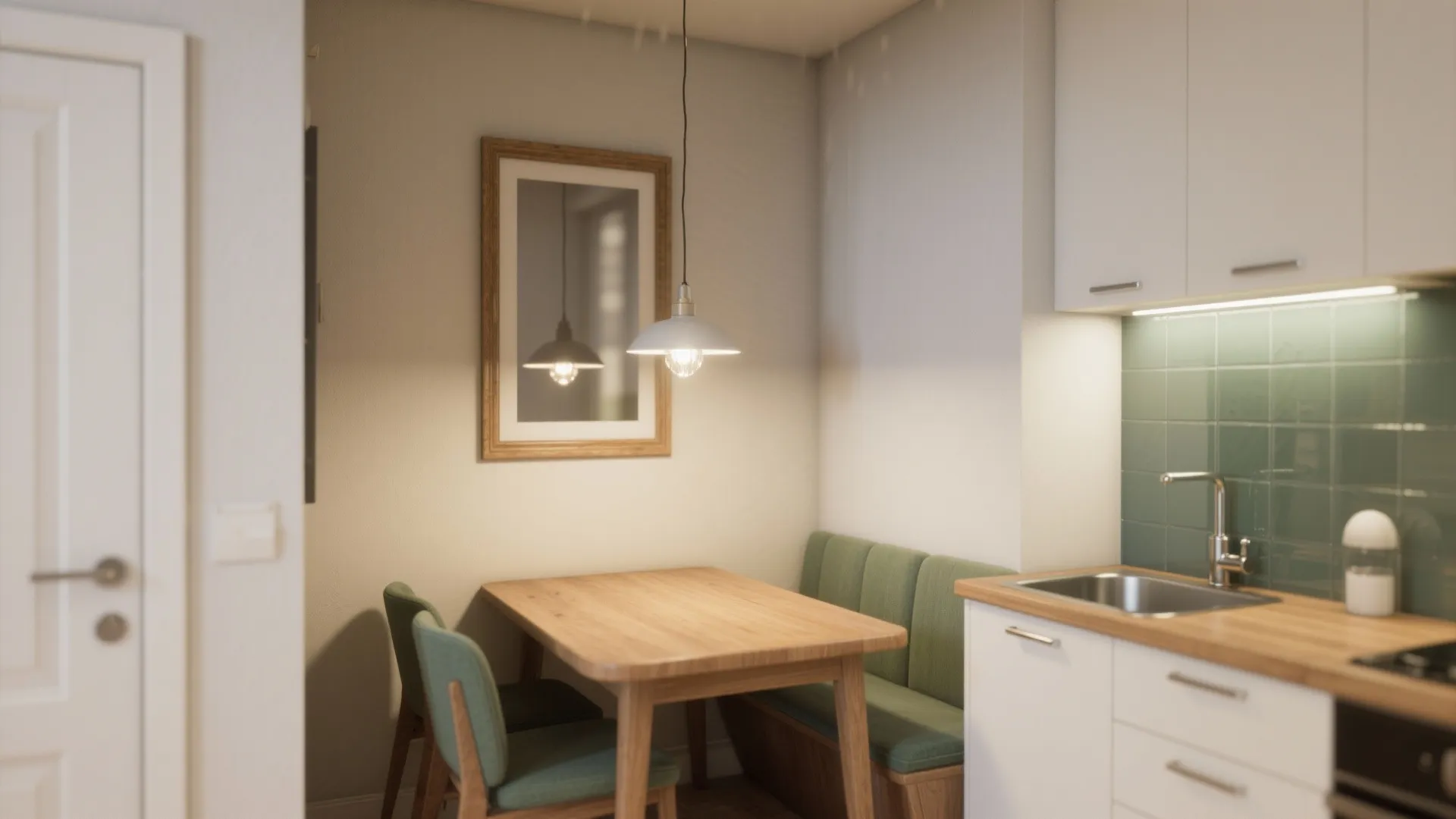 Small kitchen dining area with wood table green chairs white ceiling light and mirror on wall