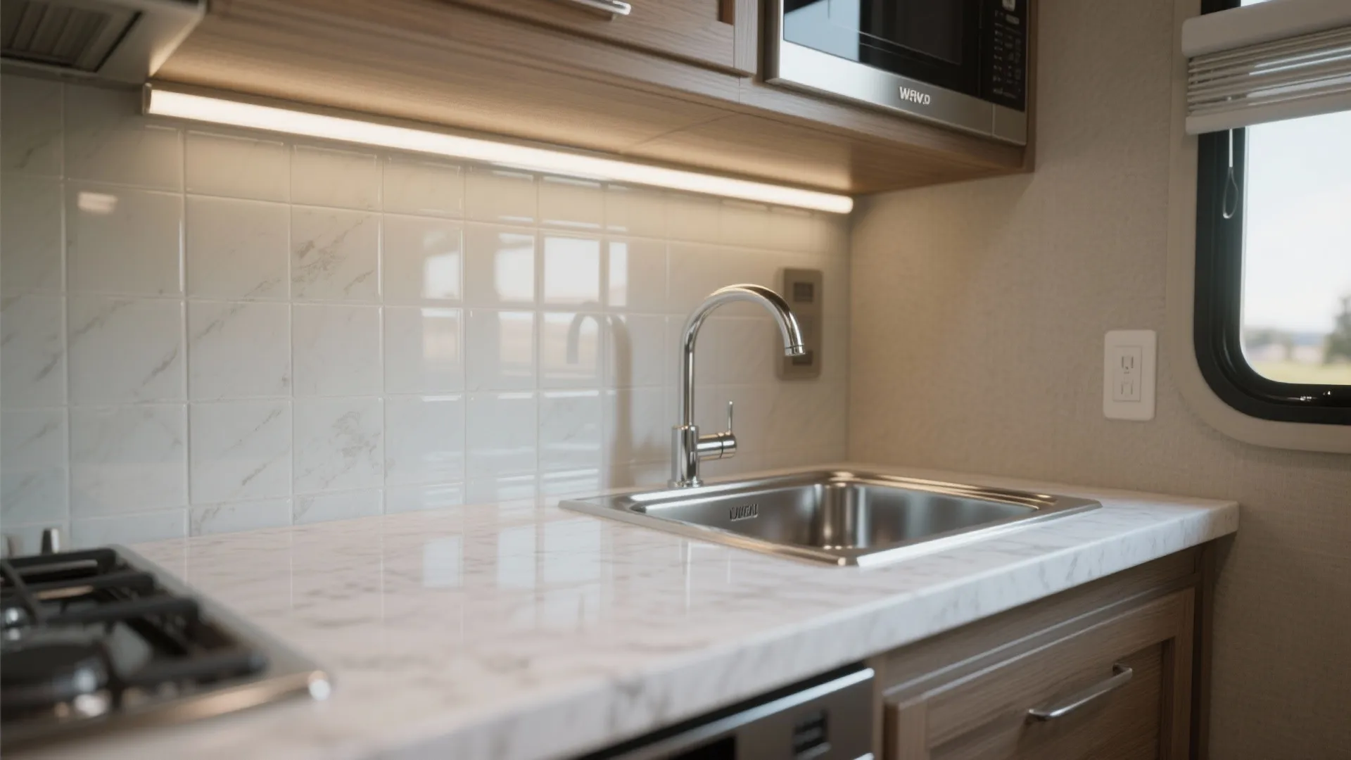 Modern kitchen with white marble countertop stainless steel sink silver water tap and wooden cabinets