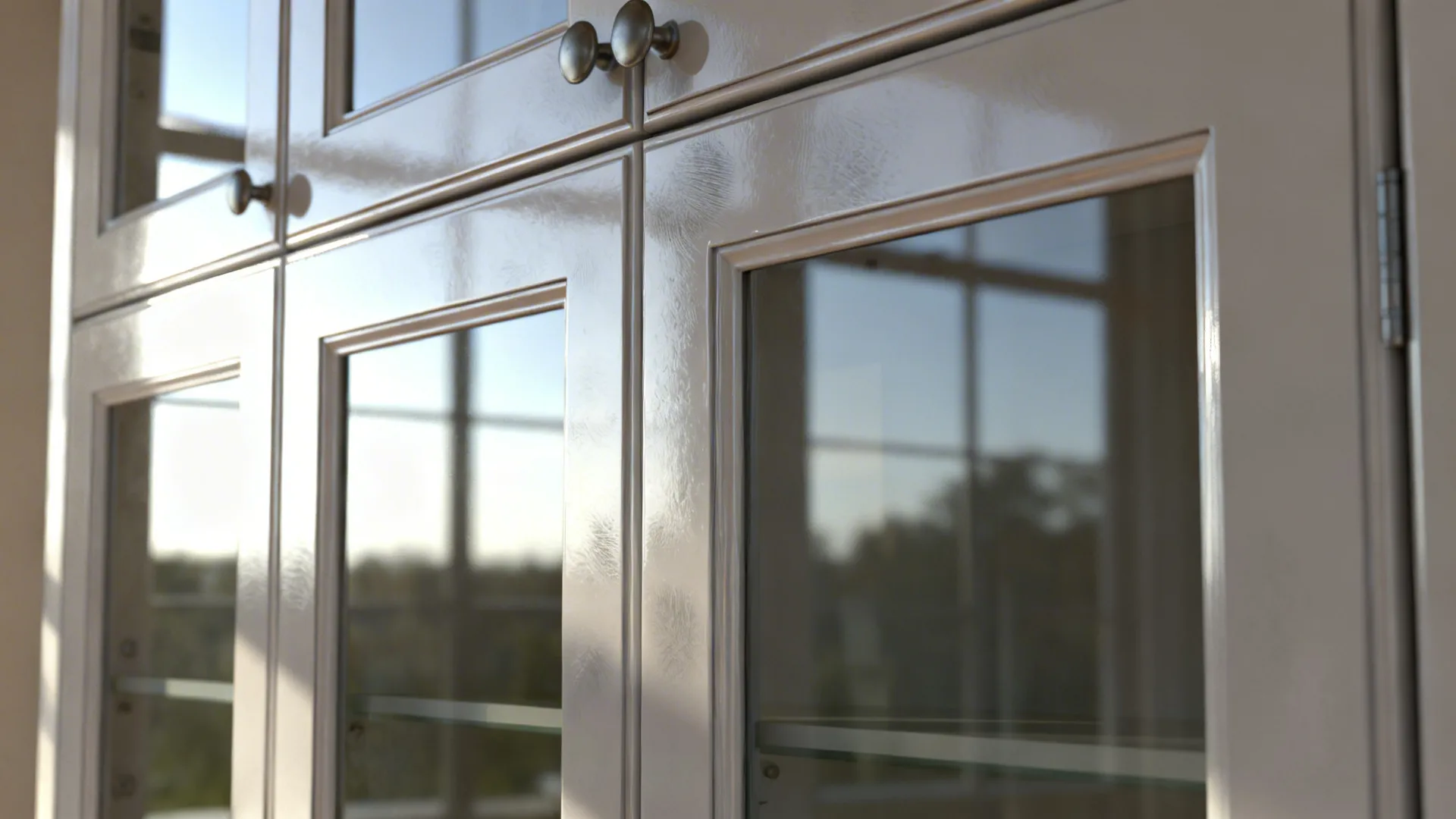 High-gloss cabinet surface and glass-front door reflecting daylight in a small kitchen.