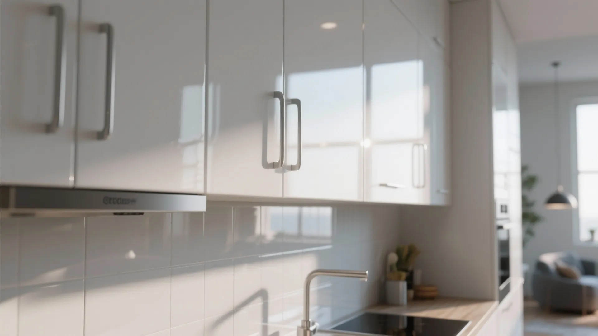 Glossy white kitchen cabinets with silver handles reflecting bright natural light from a nearby window