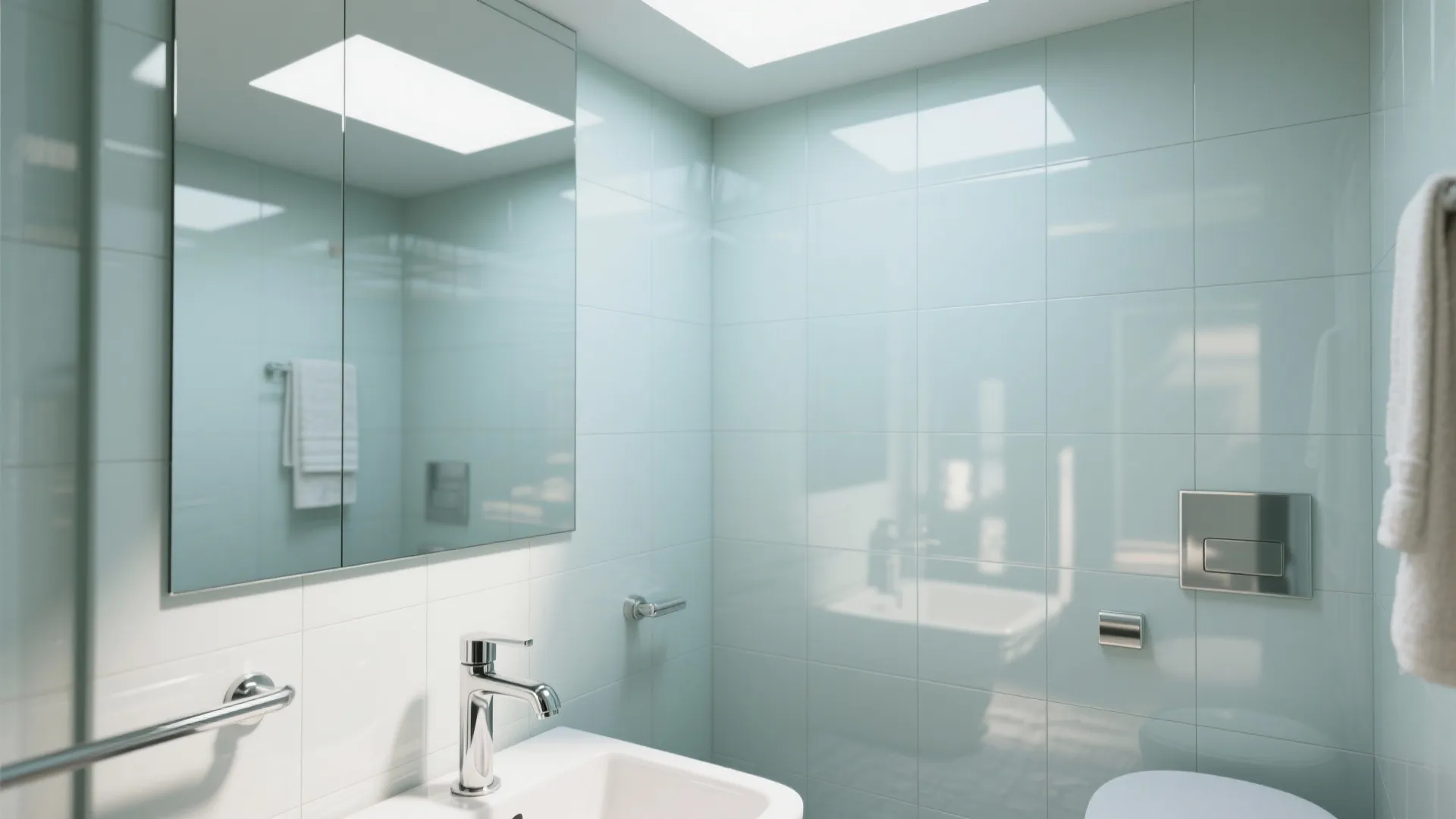 Modern bathroom with light blue wall tiles, white sink, silver faucet, mirror, and natural light