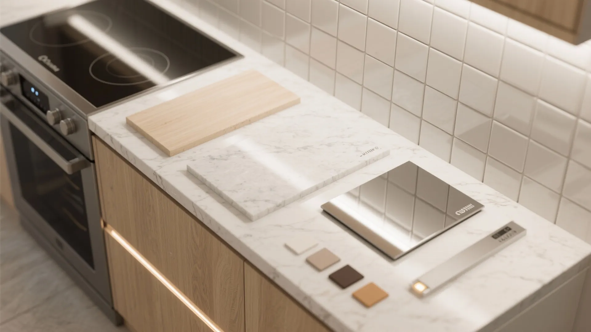 Top-down flatlay of pale quartz, mirrored backsplash sample, glossy cabinet fragment and LED strip, showing reflective finish options.