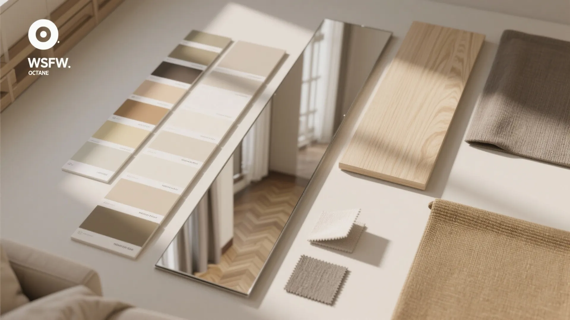 Interior design material board with color swatches mirror wood panel and fabric samples on desk