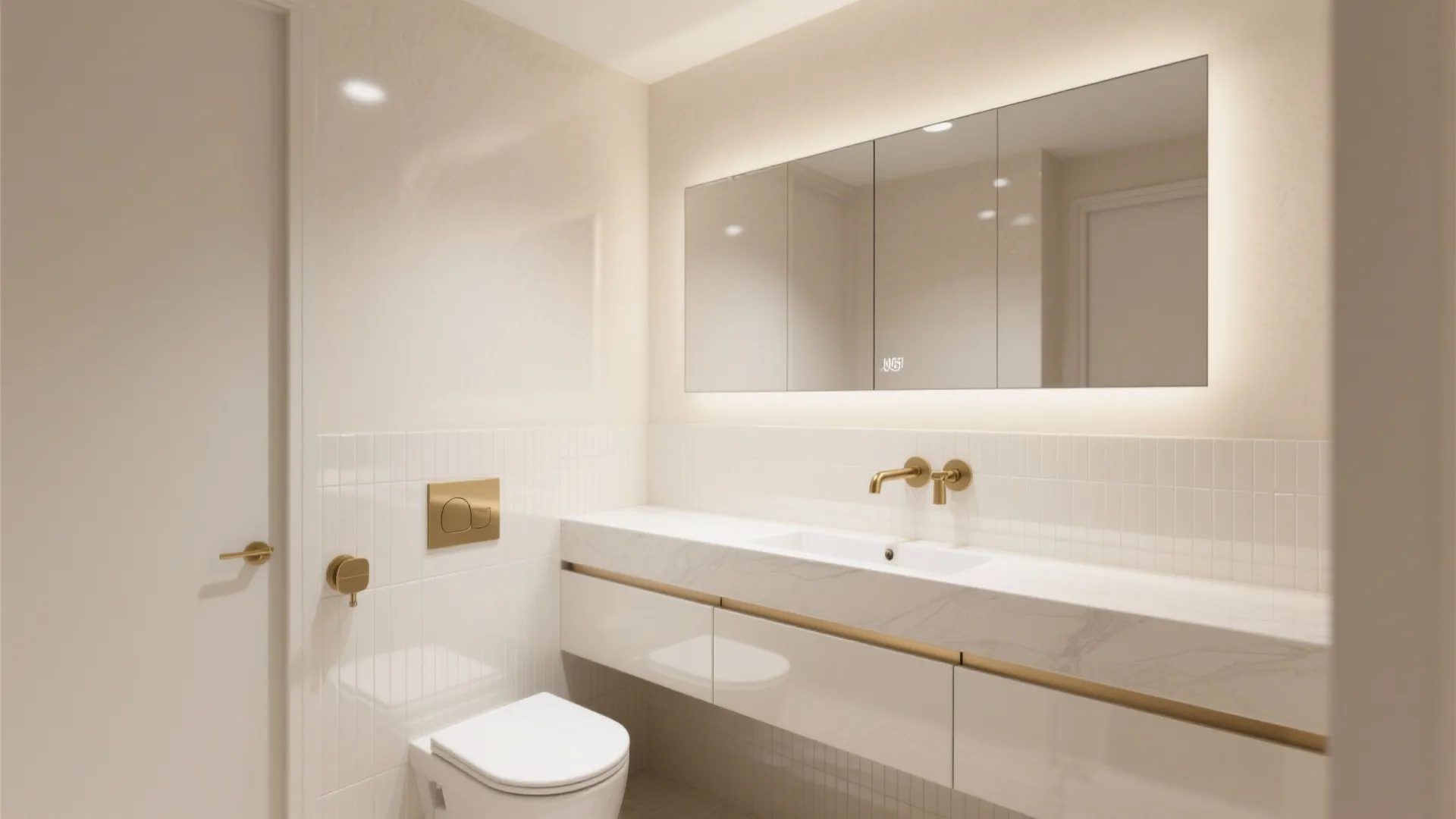 Modern white bathroom design with gold faucet marble counter large mirror and soft glowing lights