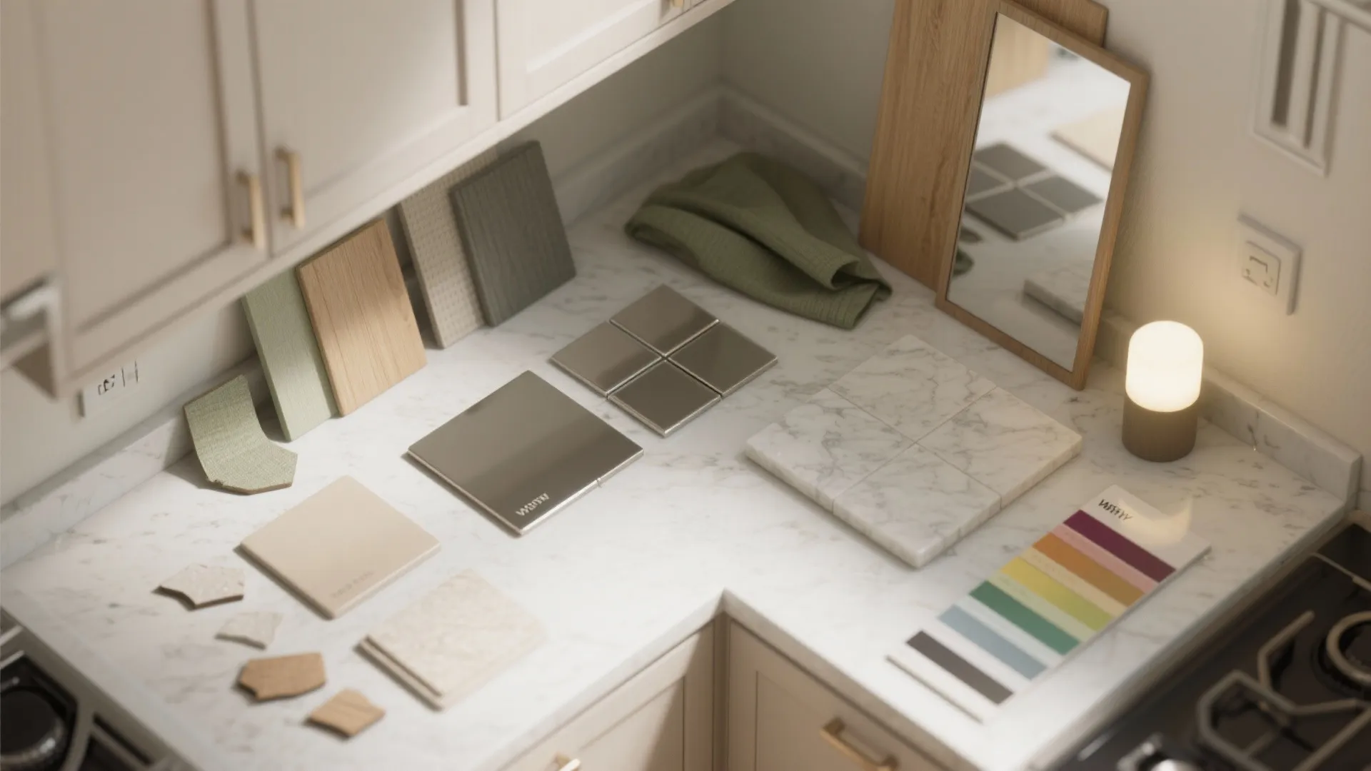 Kitchen counter with marble top showing various material samples tiles mirror and a small table lamp