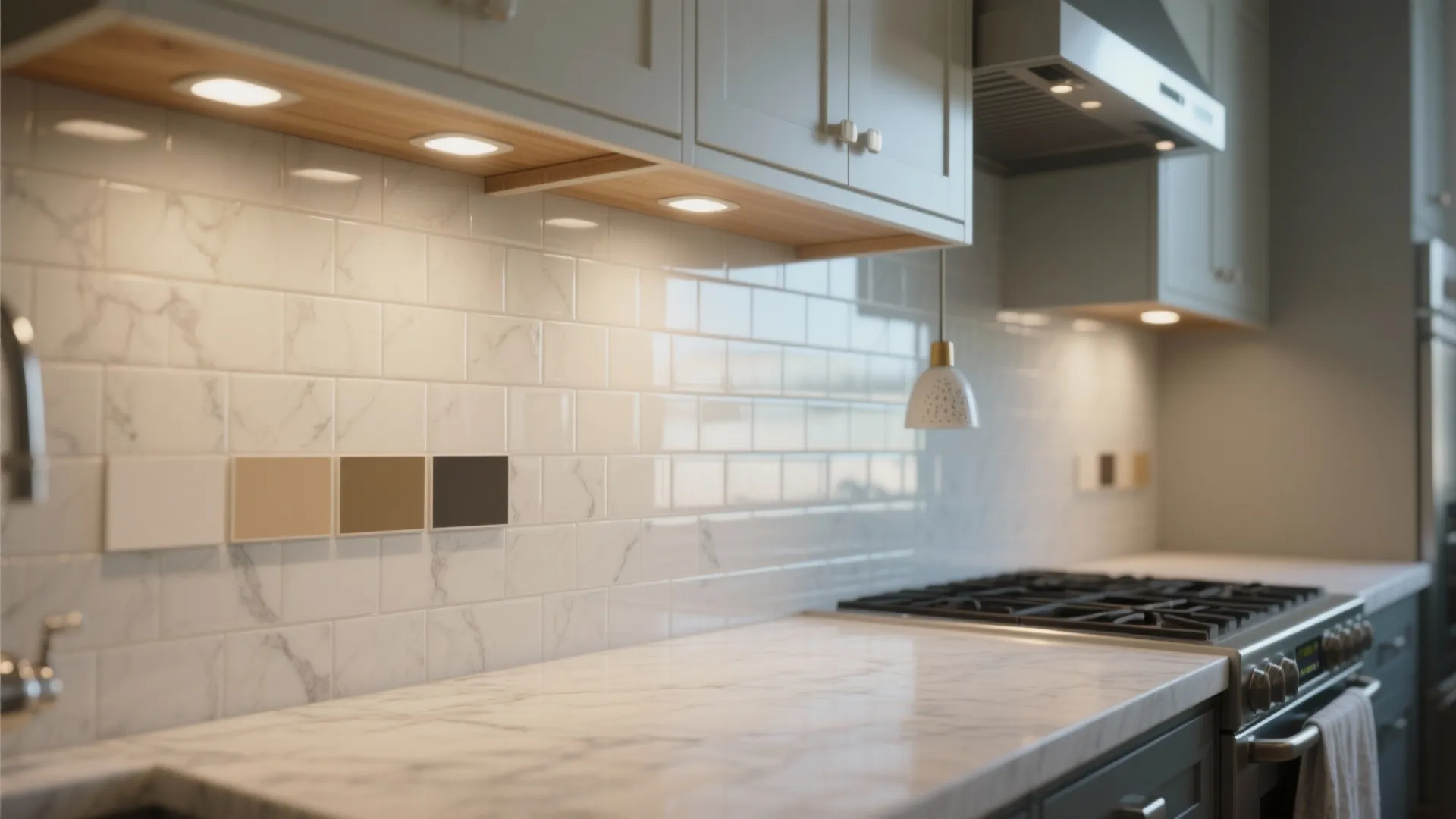 5. Light finishes, reflective backsplashes, and layered lighting