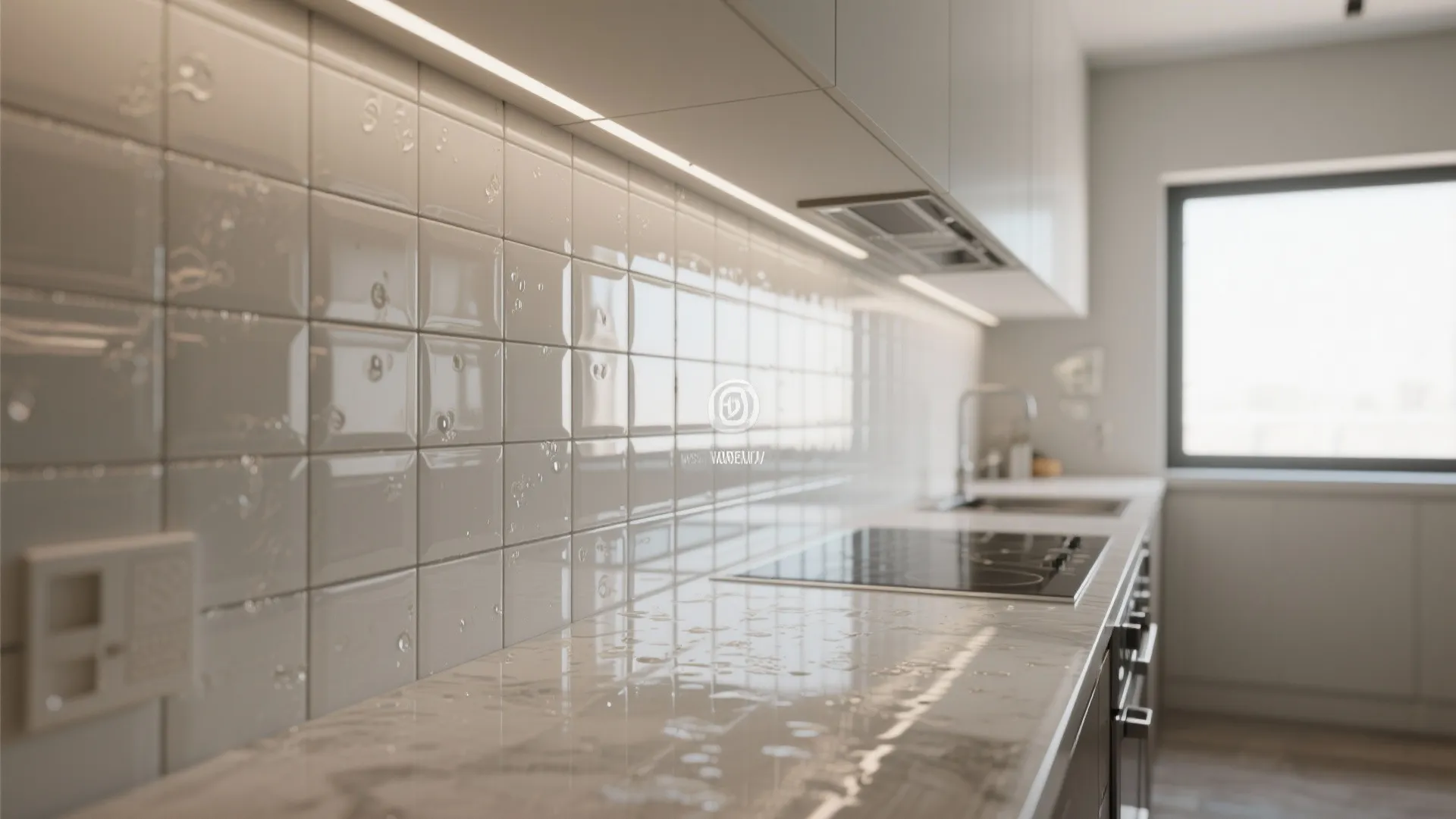 Bright kitchen with white wall tiles marble countertop electric stove and light fixture under cabinets