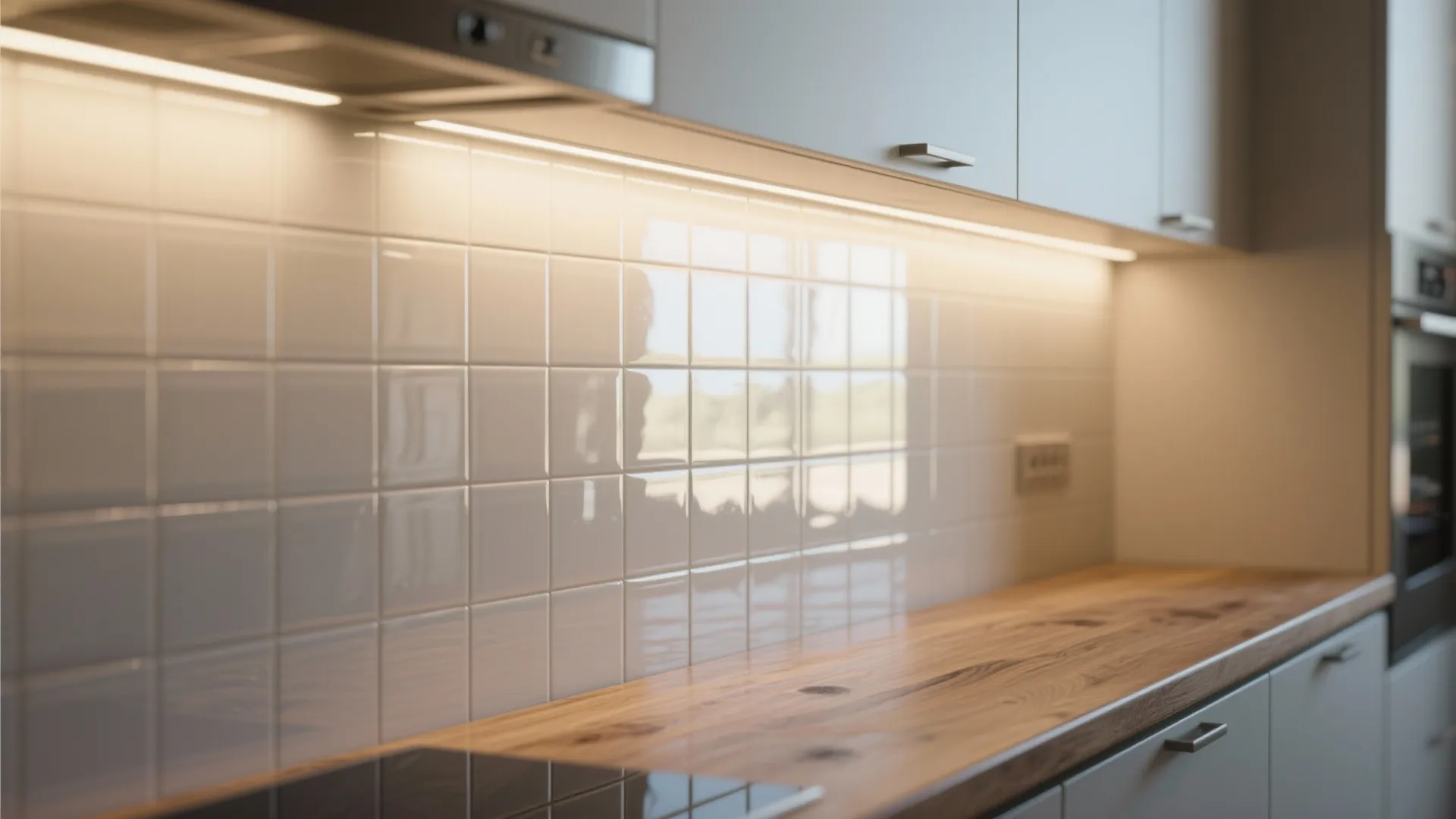 Macro view of glossy backsplash and under-cabinet LED light reflecting on surfaces next to an oak countertop and matte cabinet.