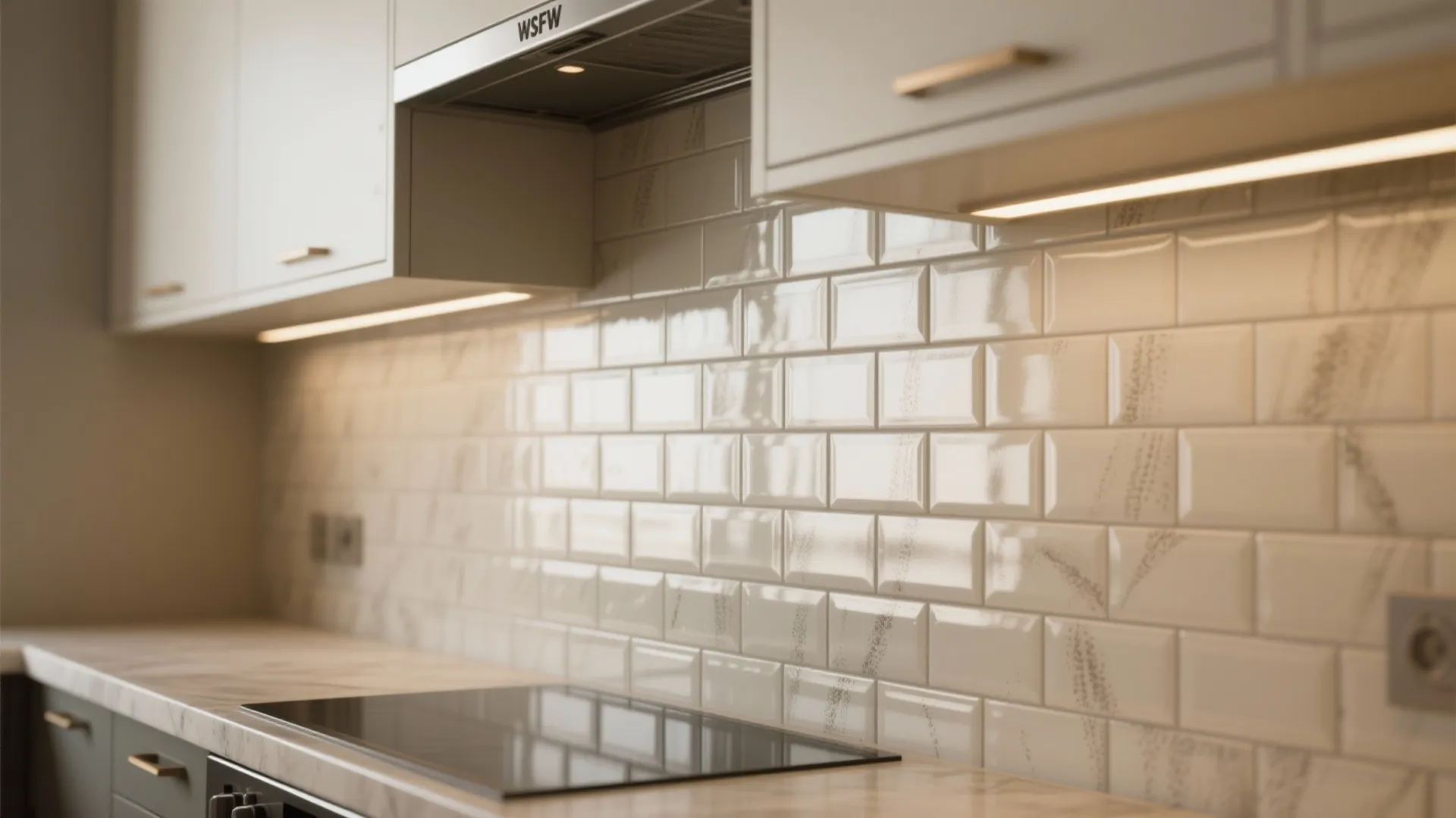 Glossy backsplash and pale cabinetry reflecting light with under-cabinet LED illumination.