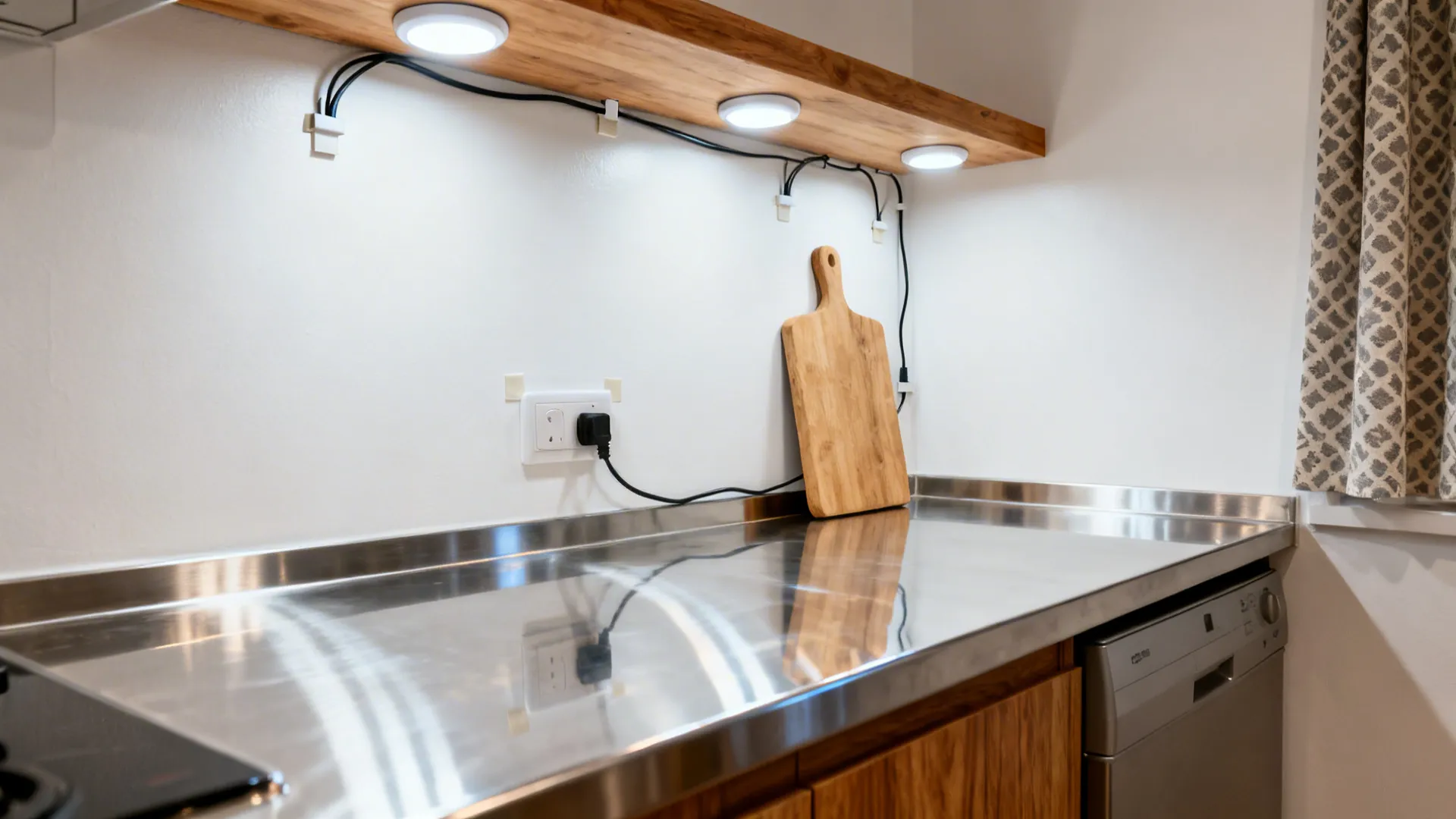 Stainless work table, satin white walls, and plug-in puck lights brighten a small unfitted kitchen.