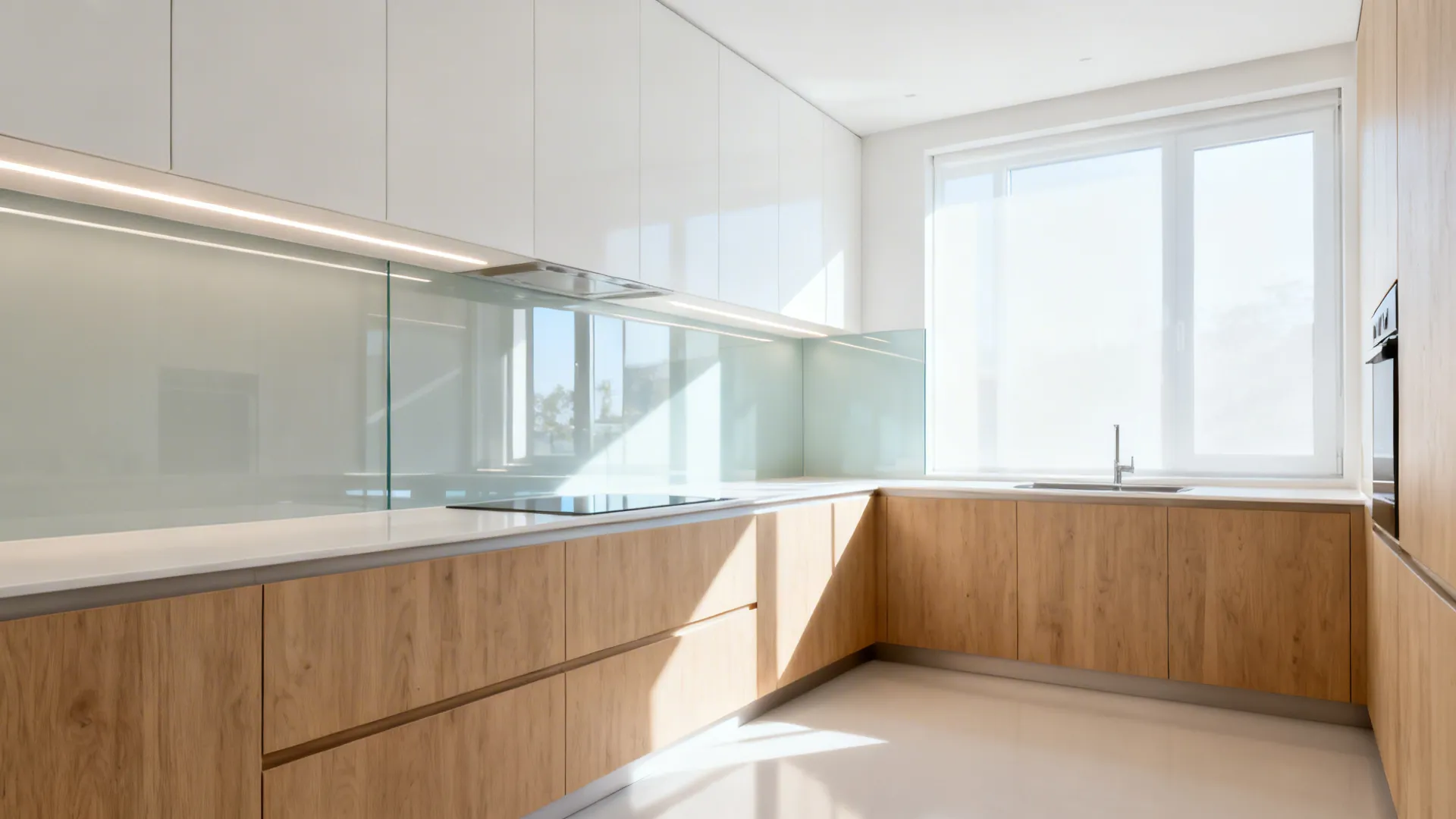 Satin white uppers and a tempered glass backsplash brighten a narrow galley kitchen.