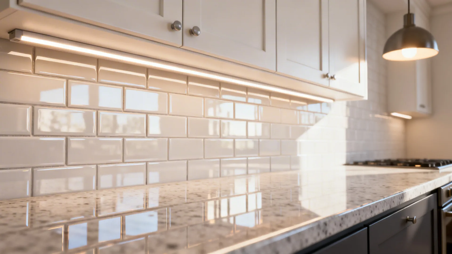Under-cabinet LED lighting on a glossy backsplash and light-colored cabinets in a small kitchen