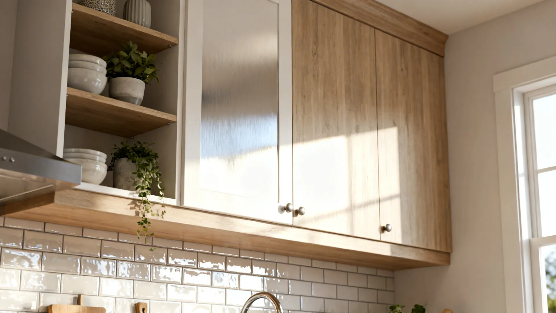 Glossy backsplash tiles and open upper shelves creating a brighter, airy kitchen feel