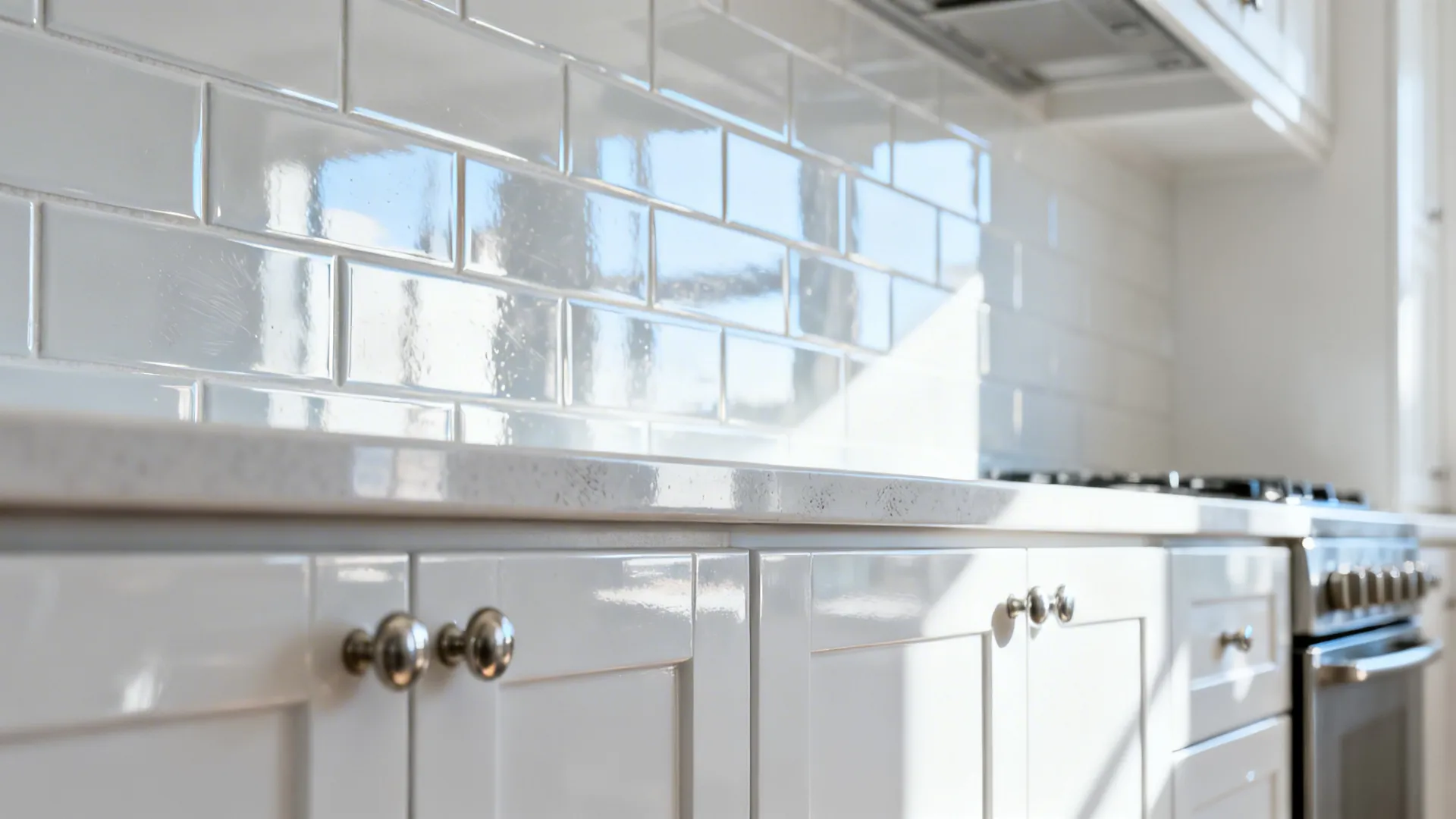 Glossy cabinet fronts and large-format backsplash tiles reflecting daylight to brighten a small kitchen