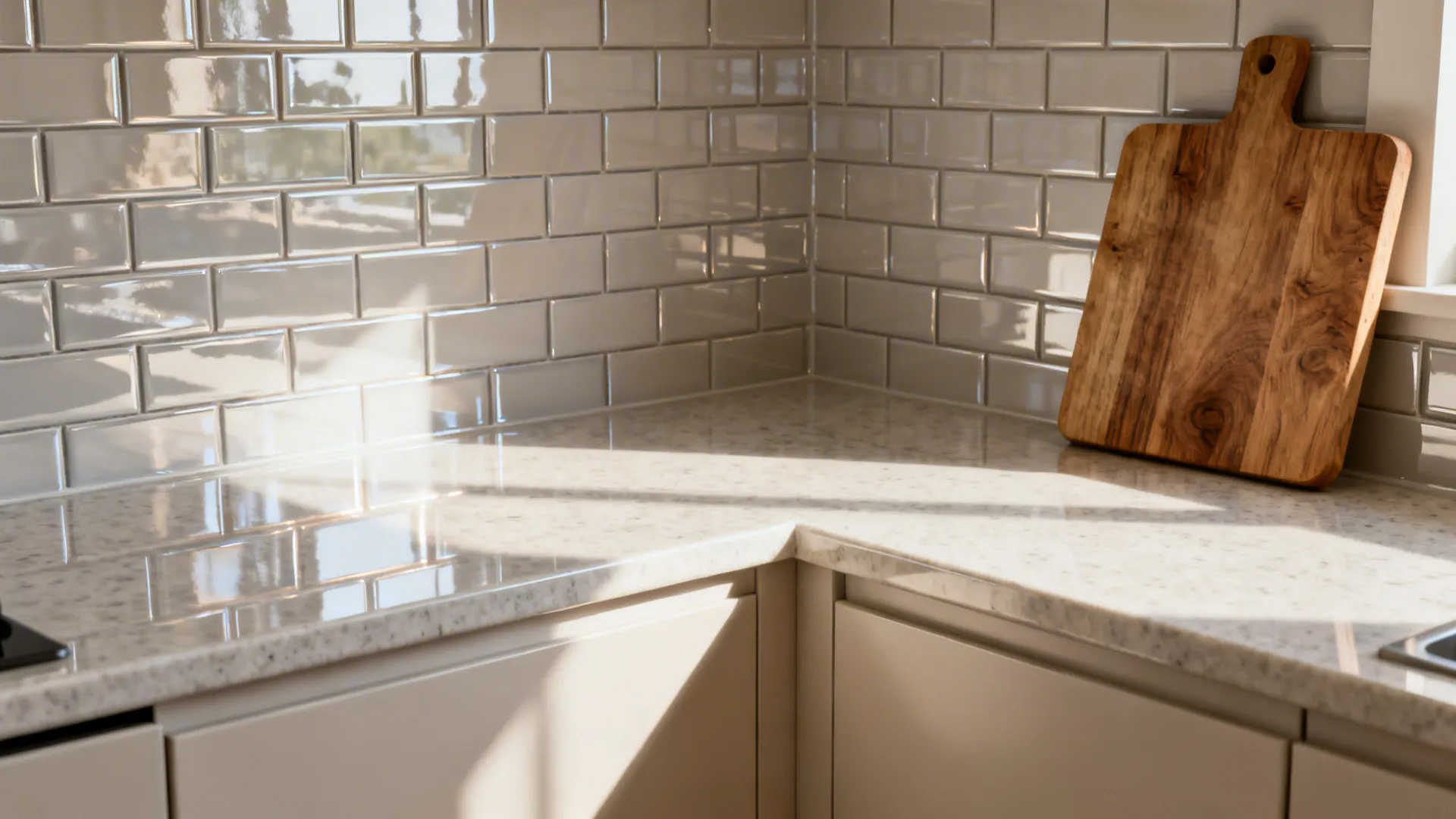 Glossy backsplash and continuous countertop creating a single plane in a small kitchen
