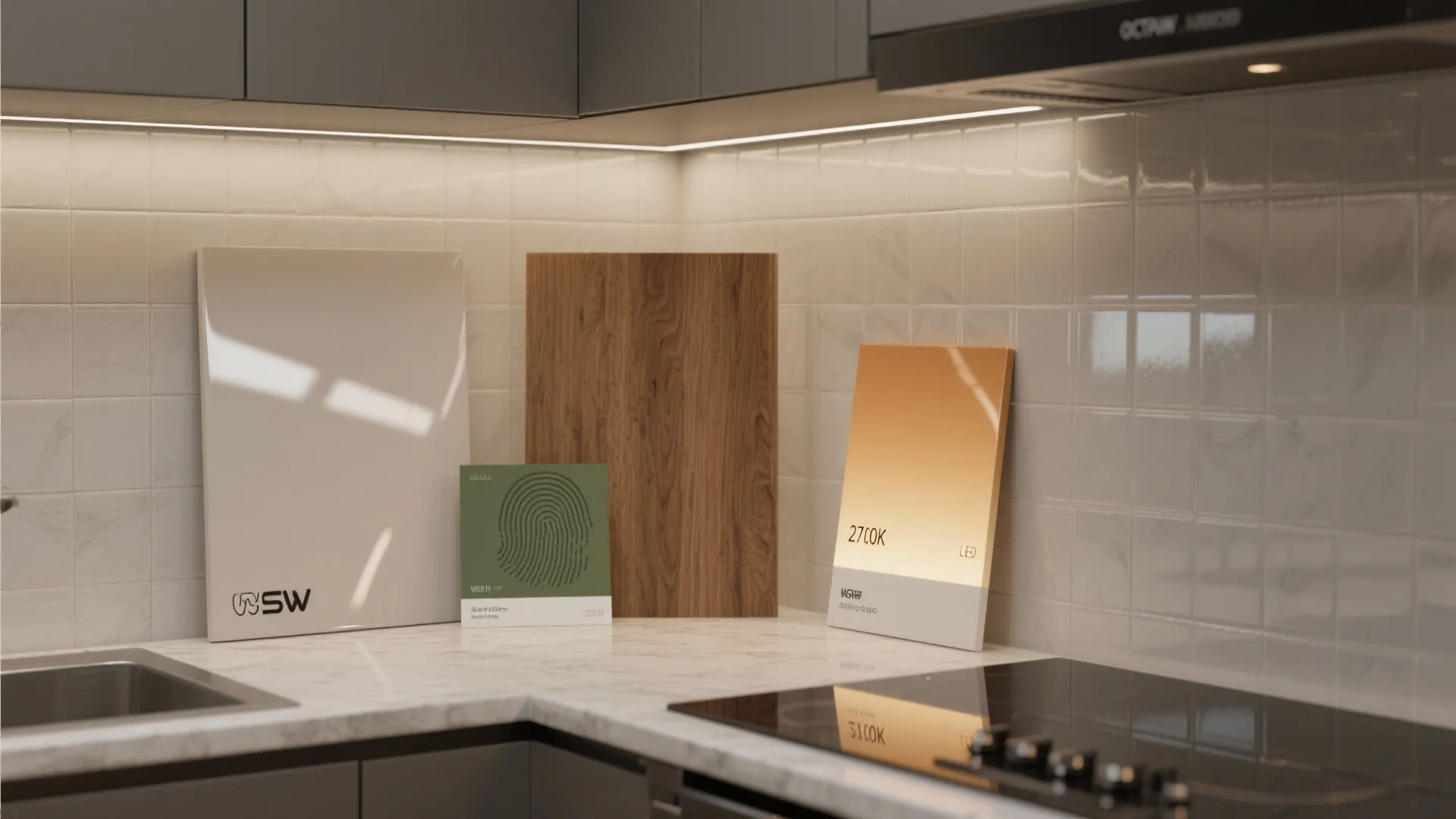 Kitchen counter with white marble surface showing wood samples color boards and small white wall tiles