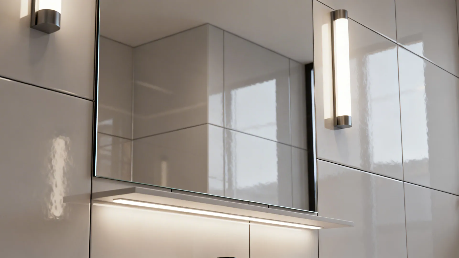 Bathroom vanity with large mirror, glossy tiles and LED strip lighting to enhance depth.