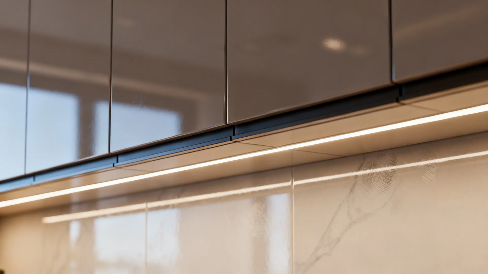 Glossy cabinet fronts and under-cabinet LED strips making a small kitchen feel brighter.