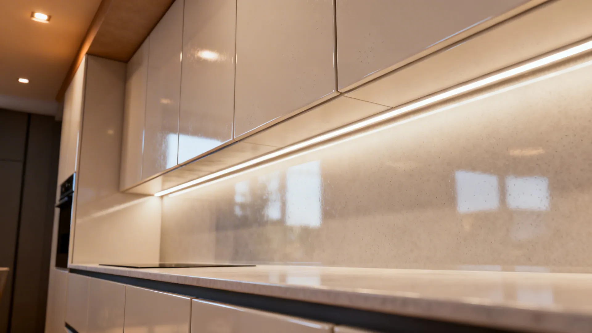 Glossy pale cabinet fronts and under-cabinet LED lighting creating a brighter small kitchen