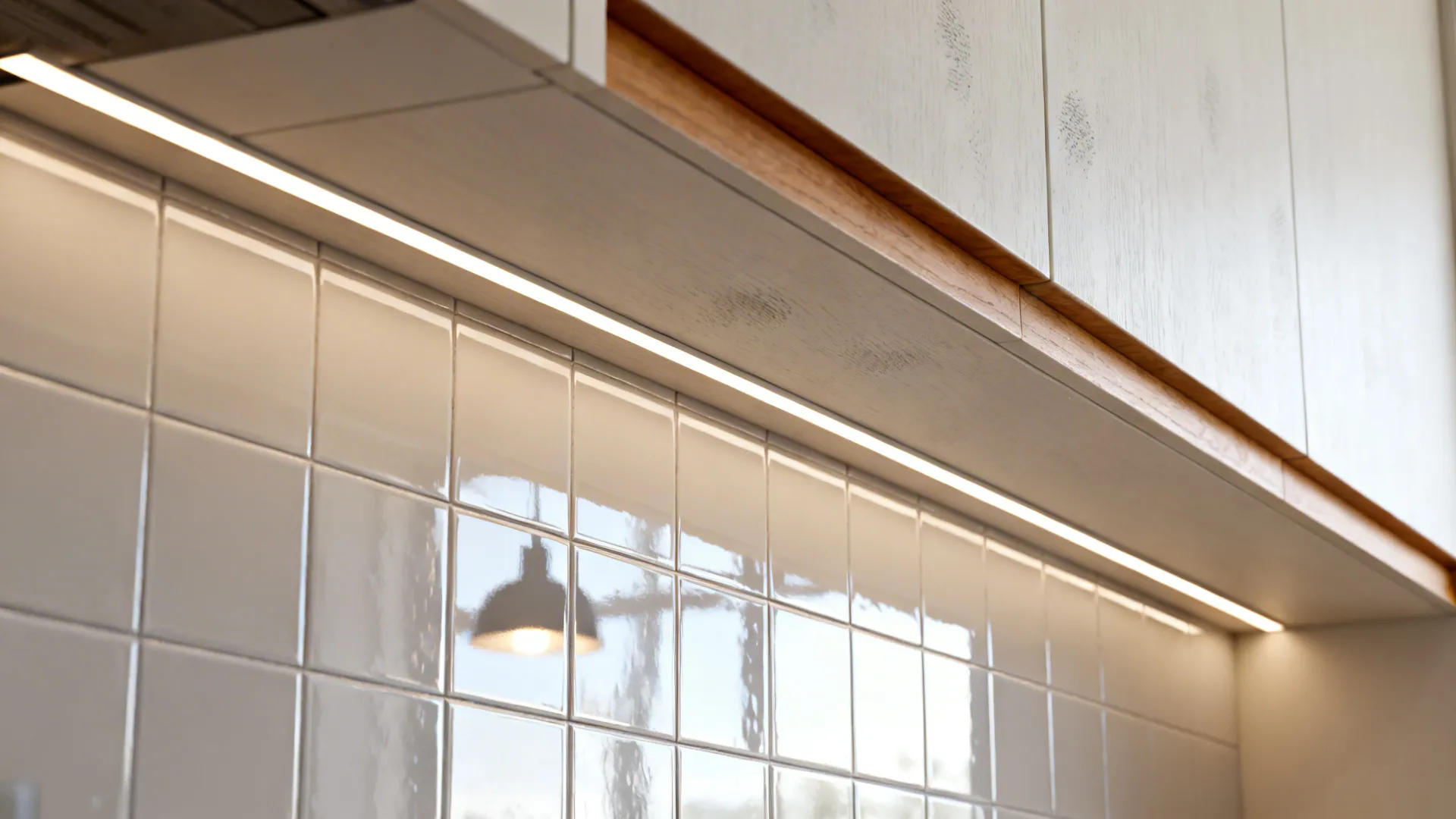 Glossy backsplash and layered lighting reflecting light in a small kitchen.