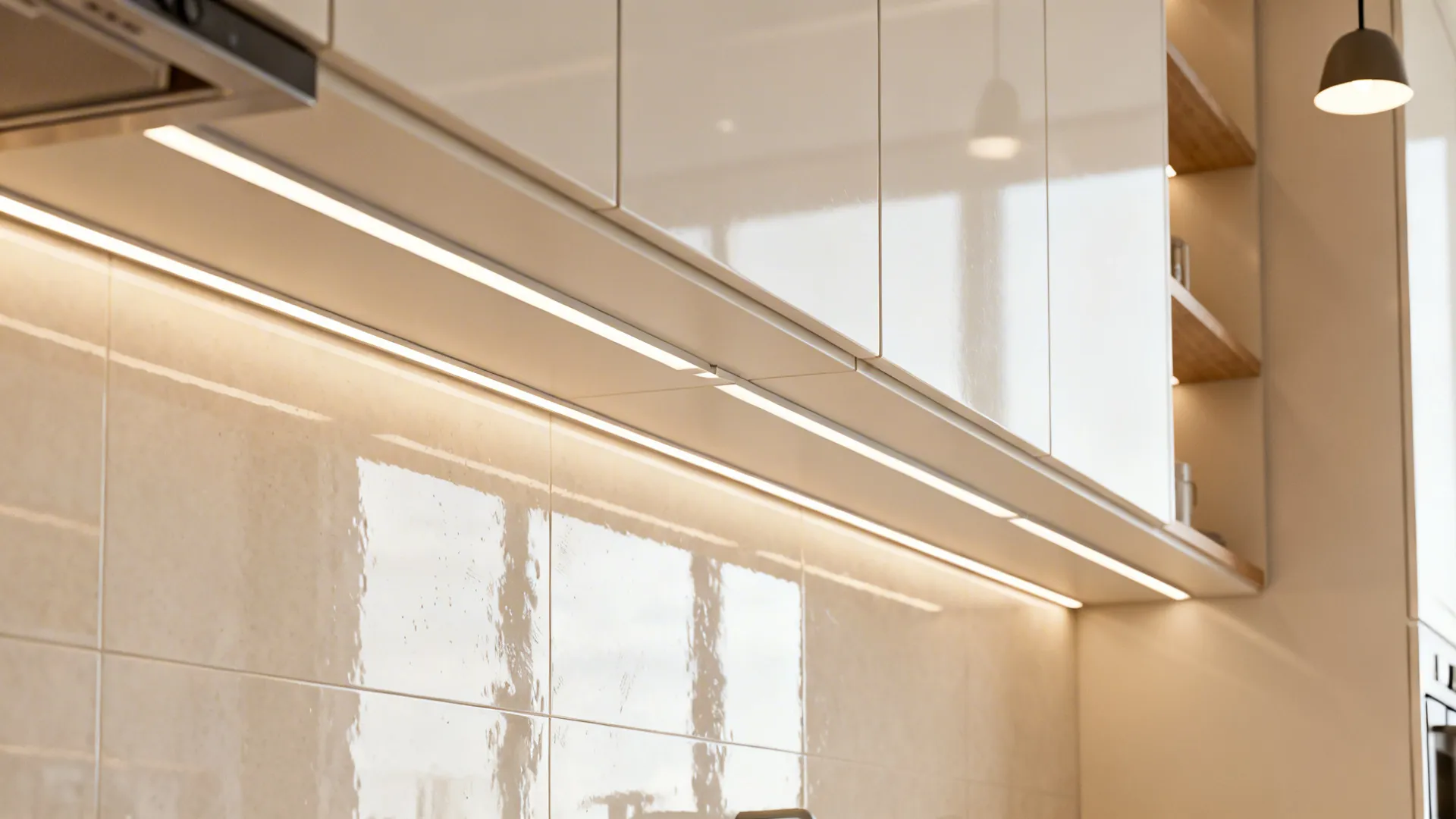 Glossy backsplash and light cabinets with layered task lighting that brighten and visually enlarge a small kitchen.