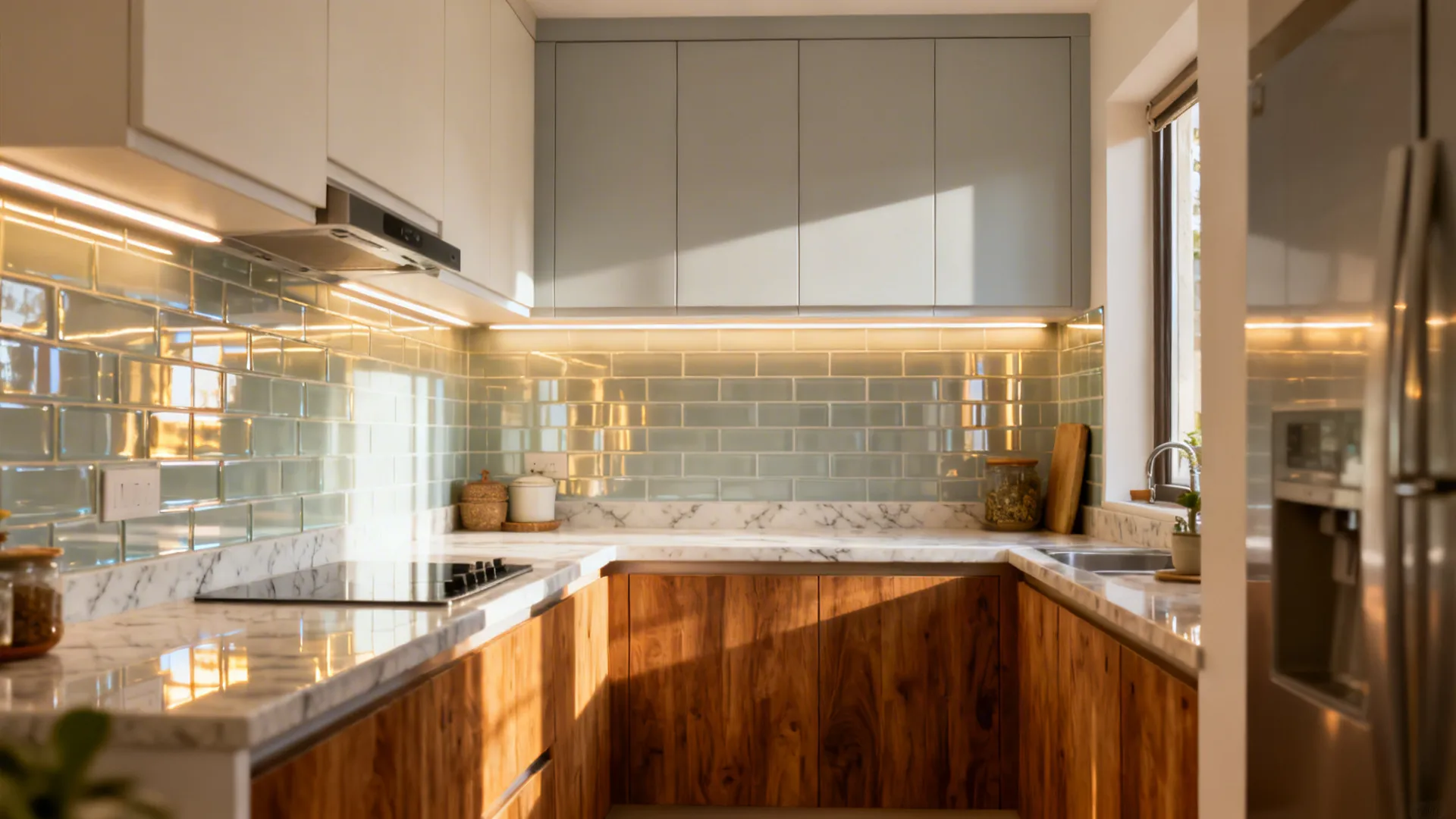 Small kitchen with light cabinets, glass backsplash, quartz countertop, and under-cabinet LEDs for a bright look.