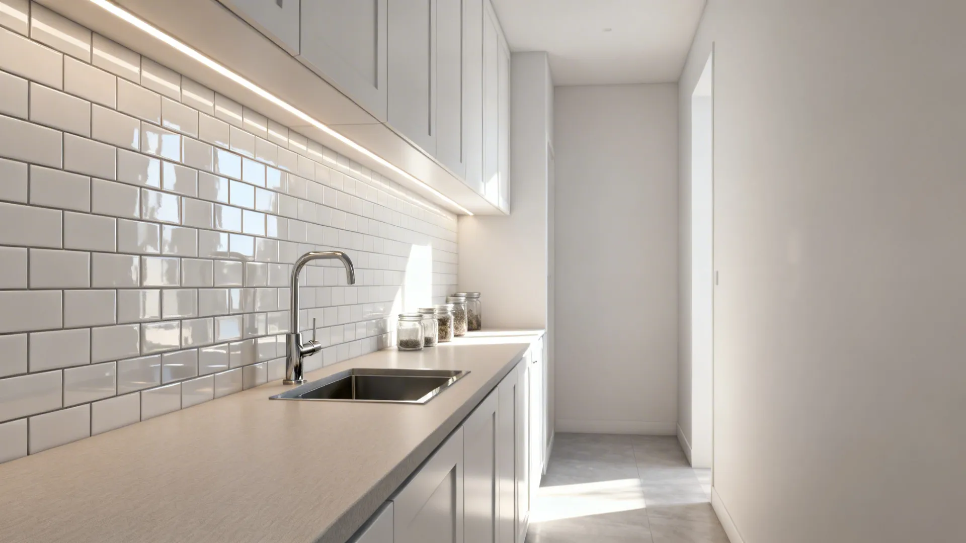 Glossy white backsplash and light cabinets reflect daylight in a narrow galley kitchen.