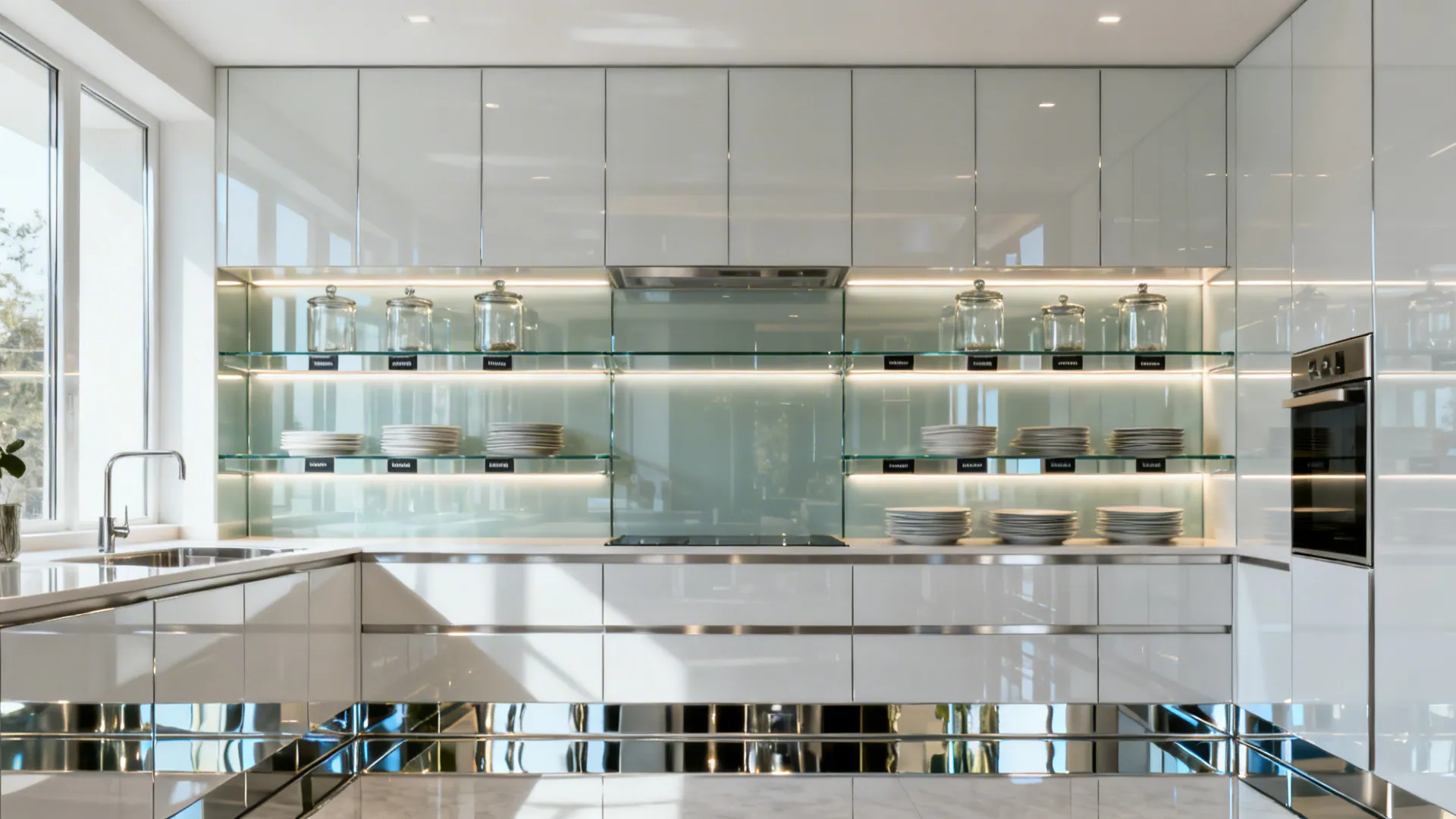 Glossy uppers and a low-iron glass backsplash in a narrow galley kitchen create brighter depth and visibility.