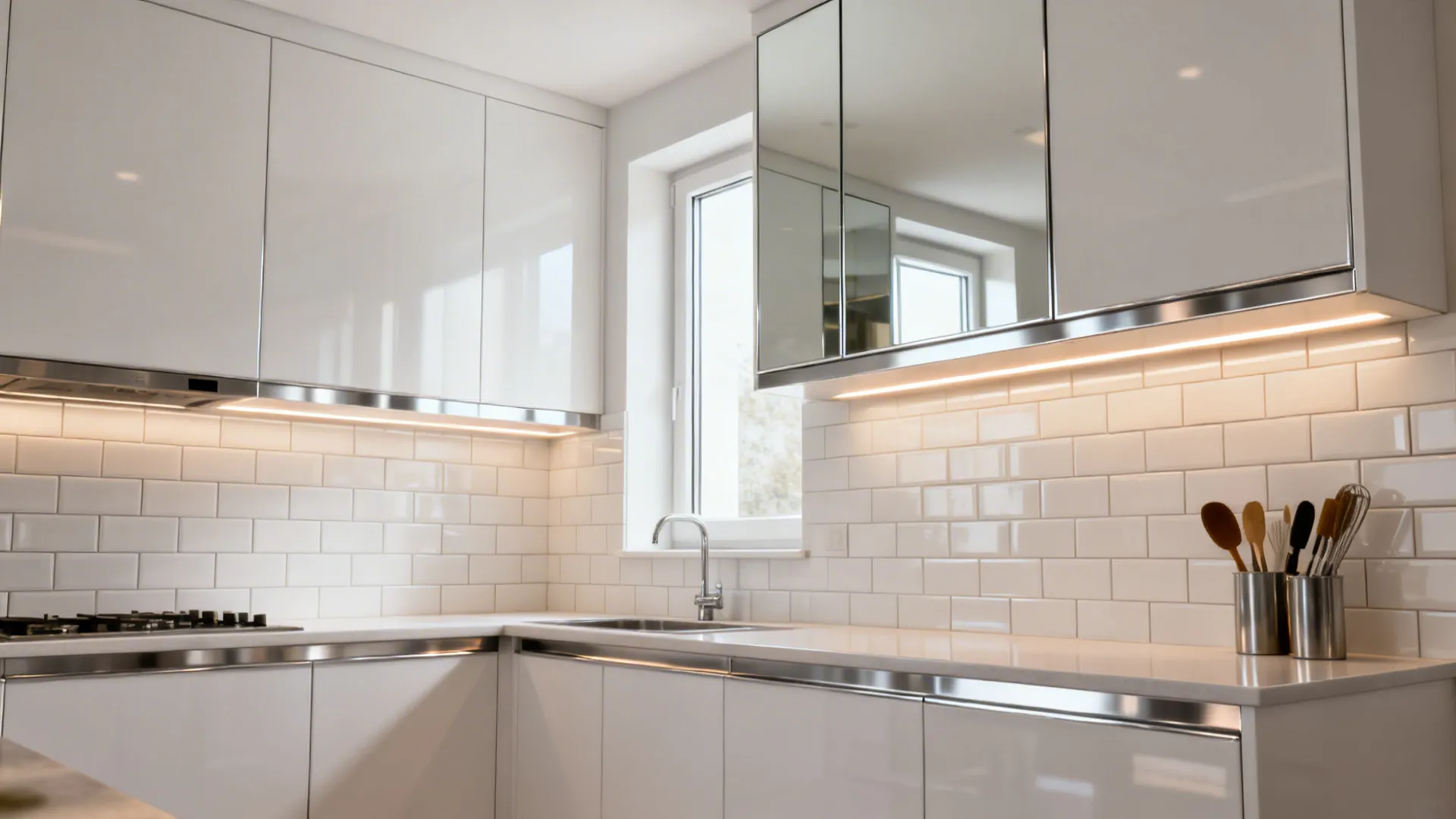 2) Reflective finishes: glass, satin tiles, and mirror tricks