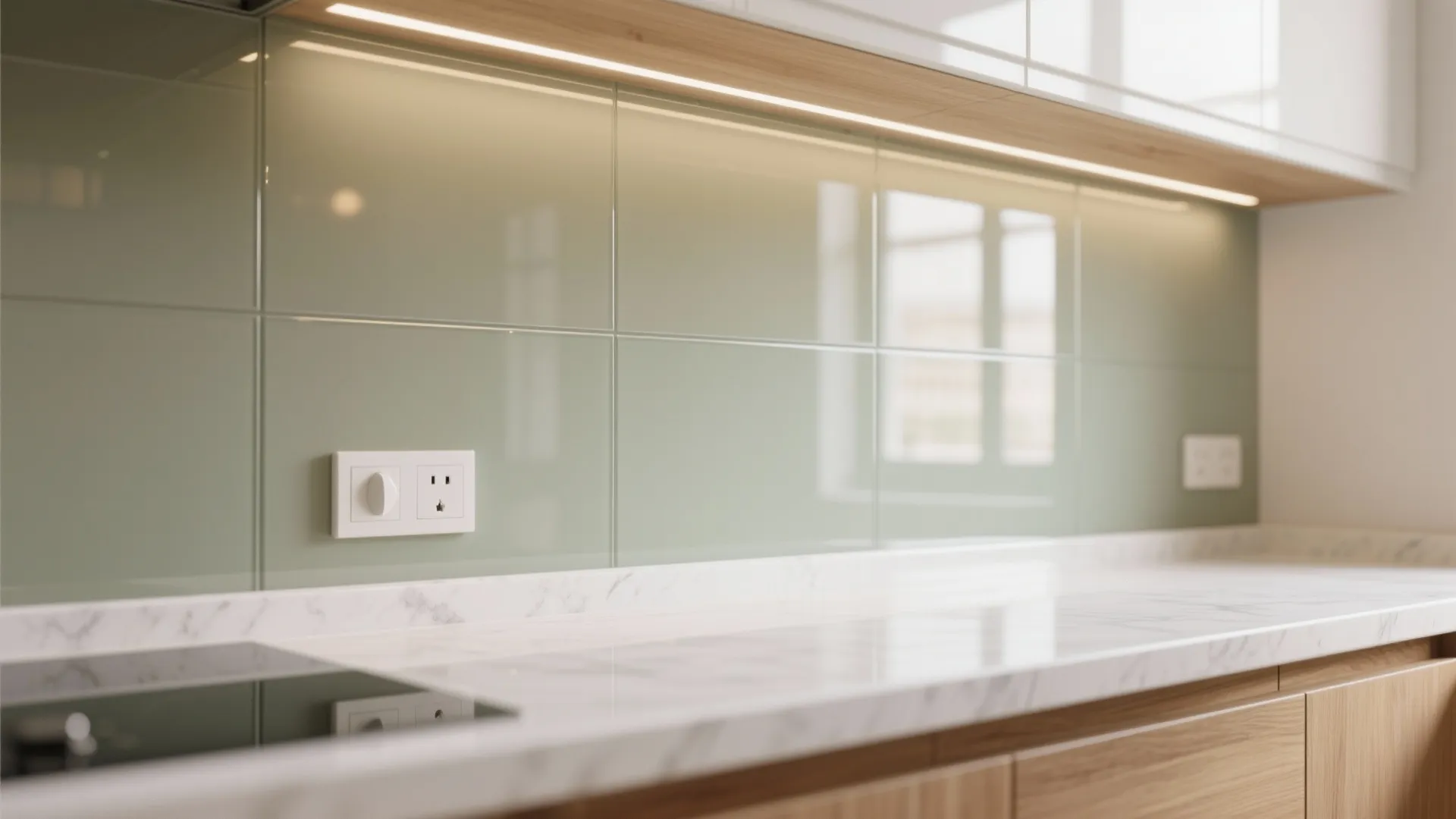 Glass backsplash and reflective finishes to double the light