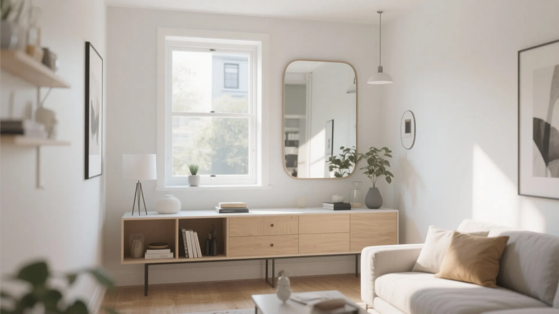 Bright living room showing wooden cabinet with mirror window white walls and comfortable grey sofa