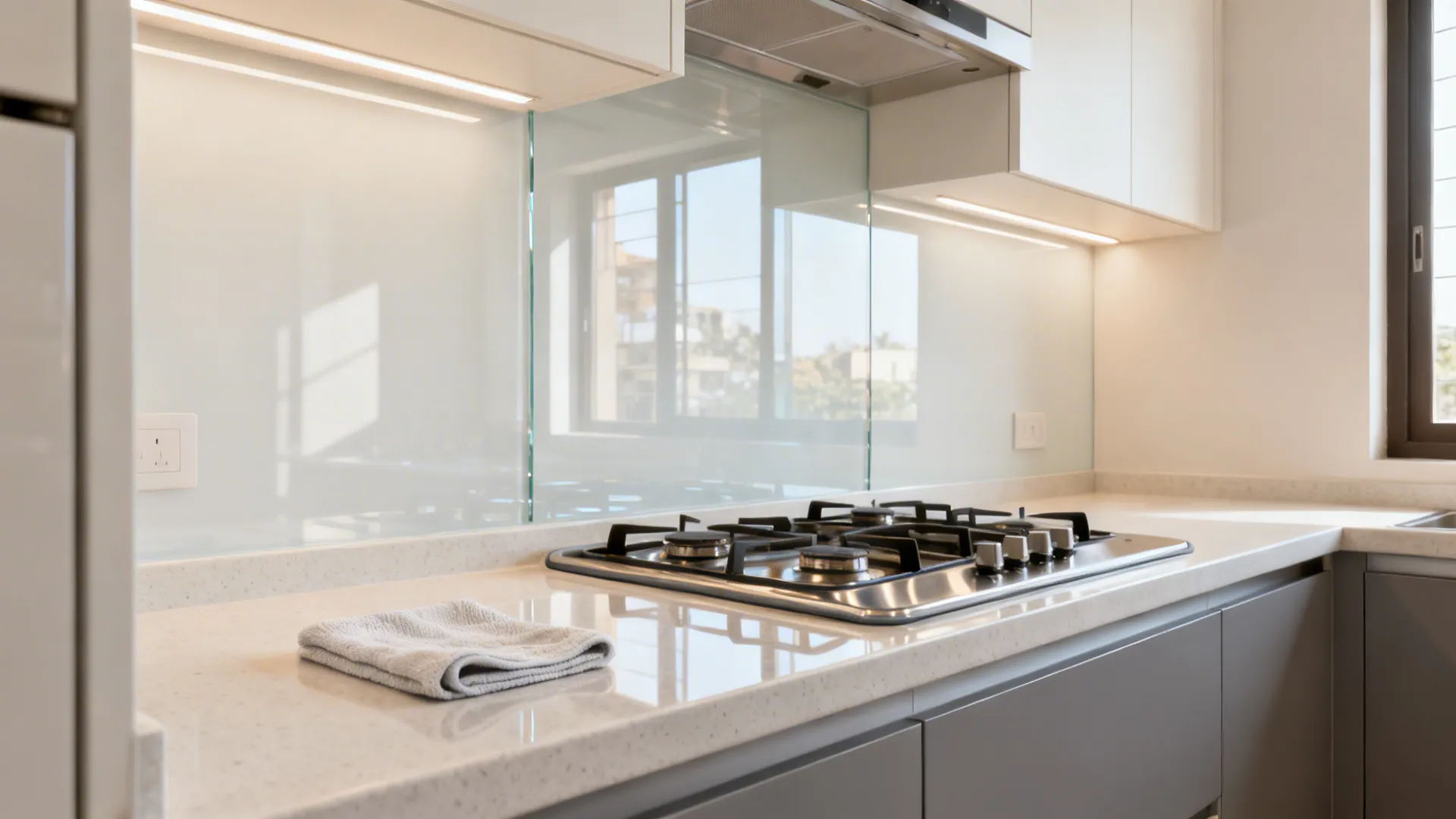 Light-toned modular kitchen with a crystal-white tempered-glass backsplash reflecting daylight.