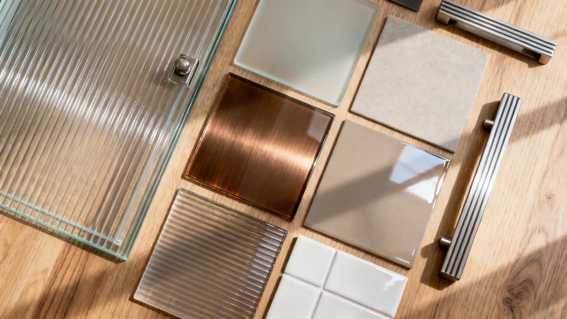 Flat lay of reeded and frosted glass, bronze tint, glossy porcelain, and matte finish samples for modern kitchens.